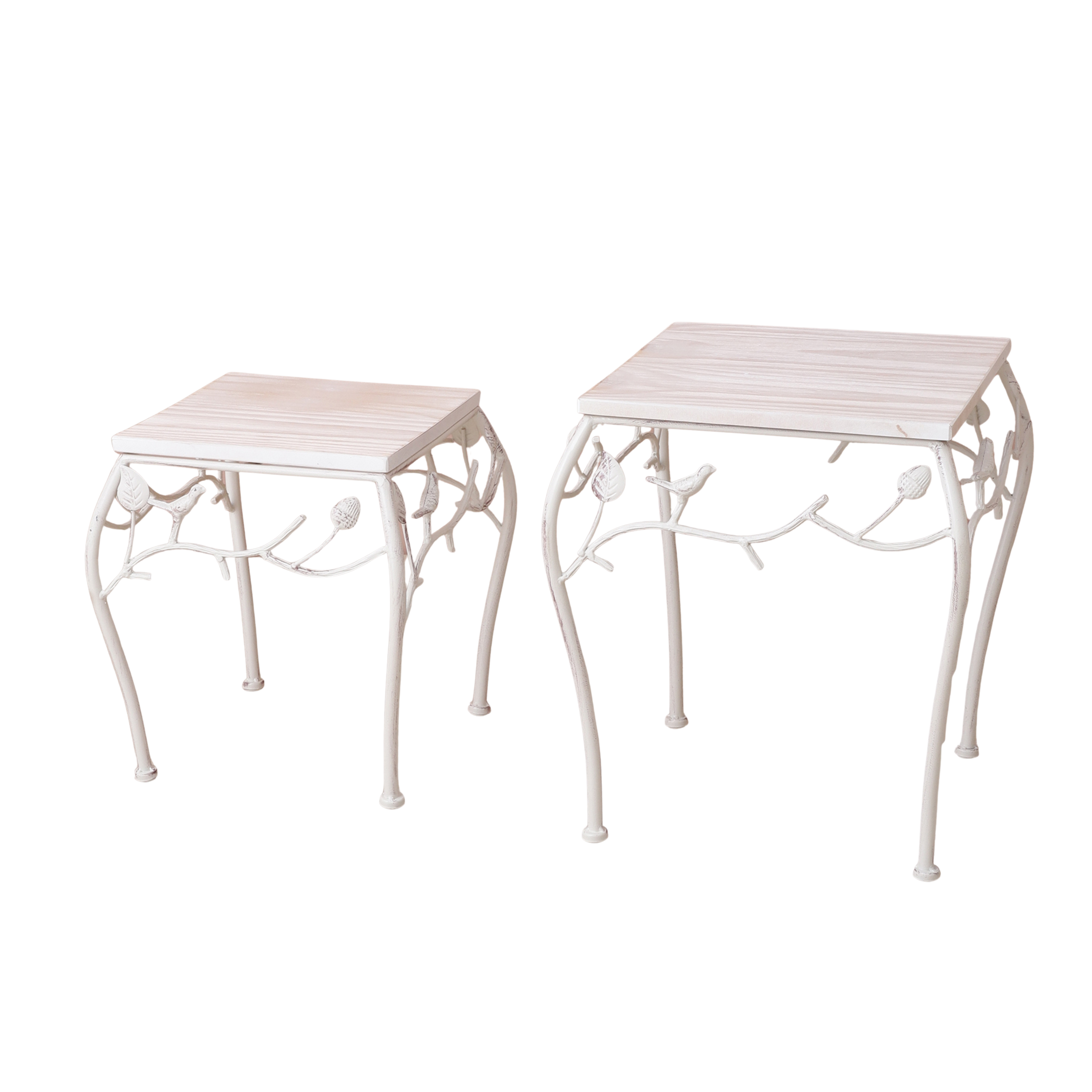Square Bird Pattern Wood & Metal Short Tables (Set of 2)