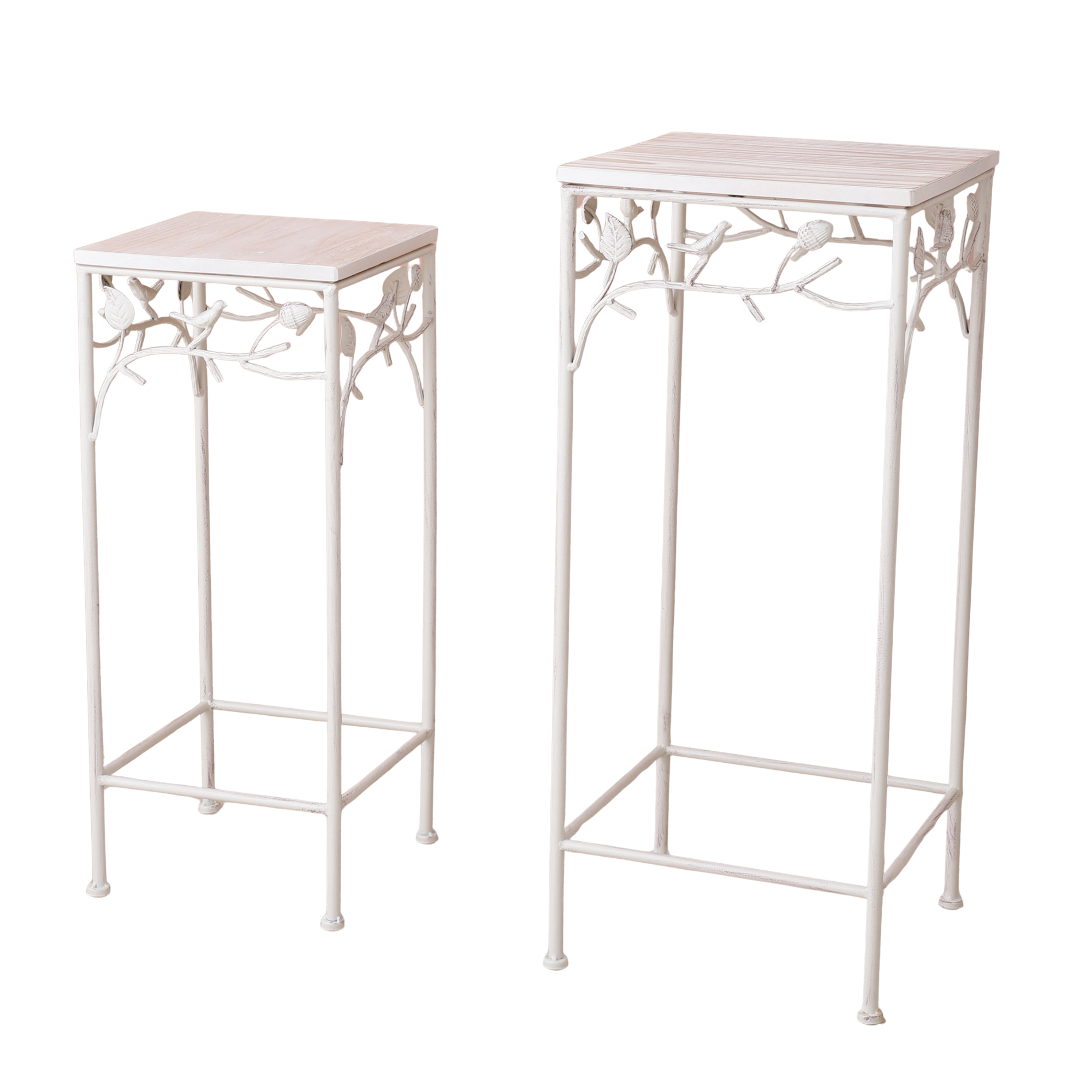 Square Bird Pattern Wood & Metal Tables (Set of 2)