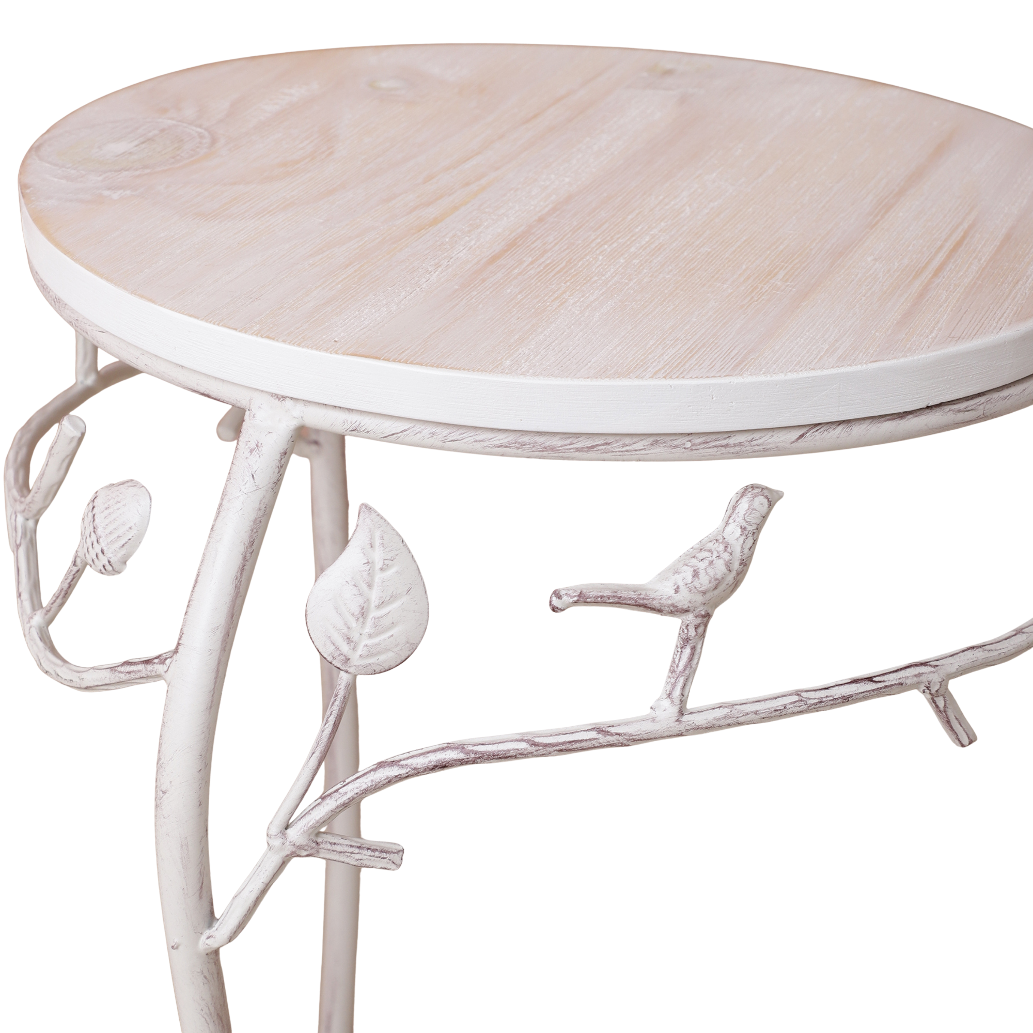 Round Bird Pattern Wood & Metal Short Tables (Set of 2)