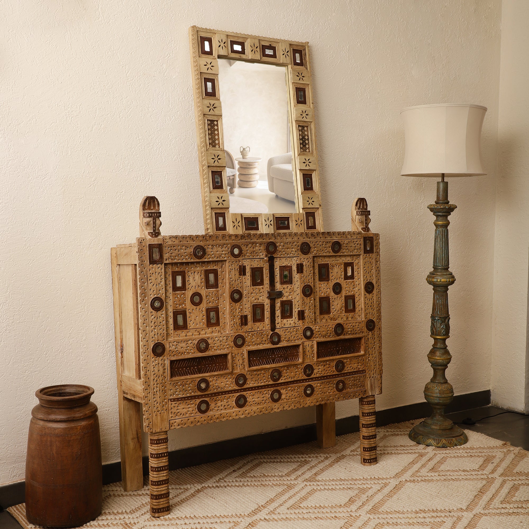 Antique Brown Damchi Console Table and Mirror