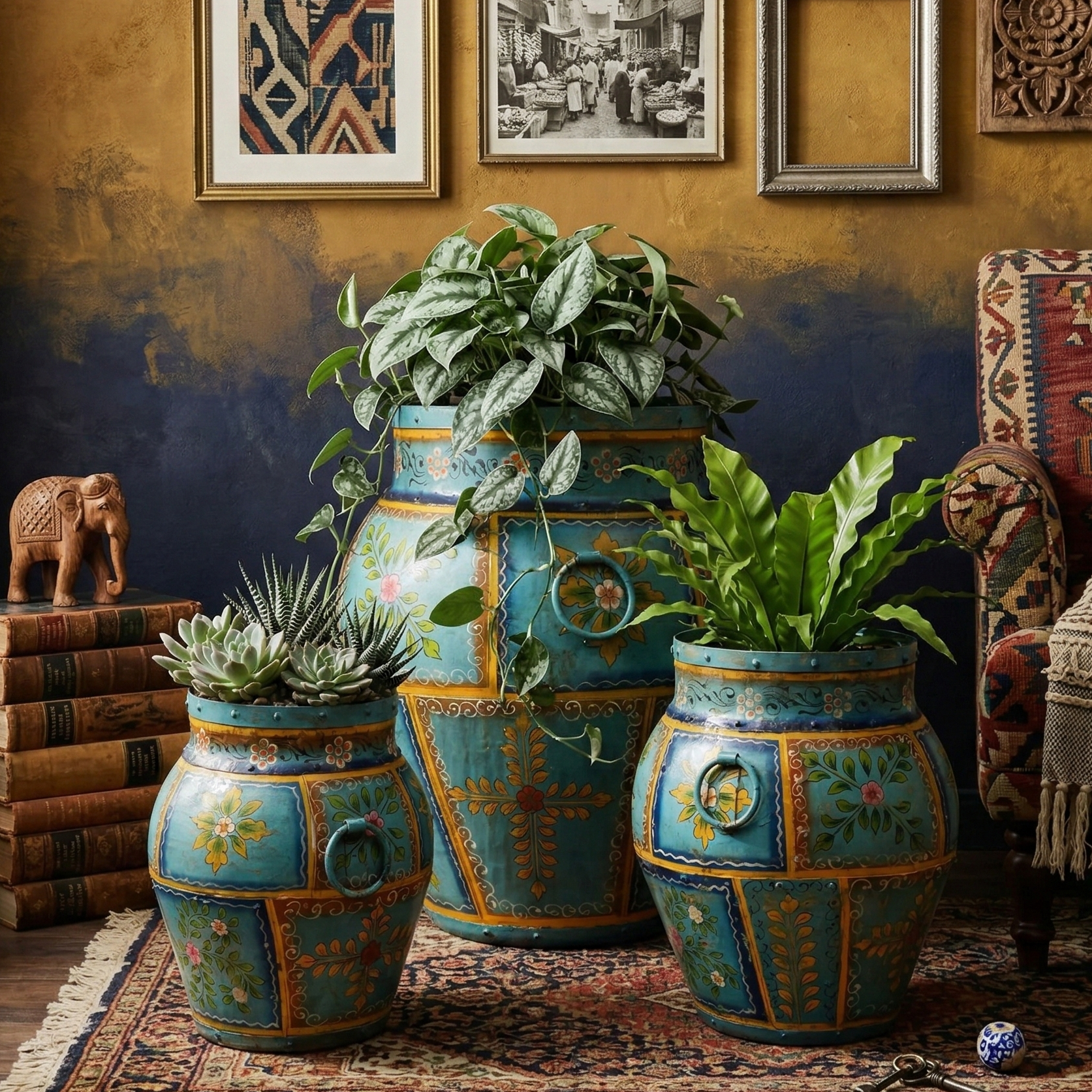 Blue Handpainted Long Metal Pot (Single)