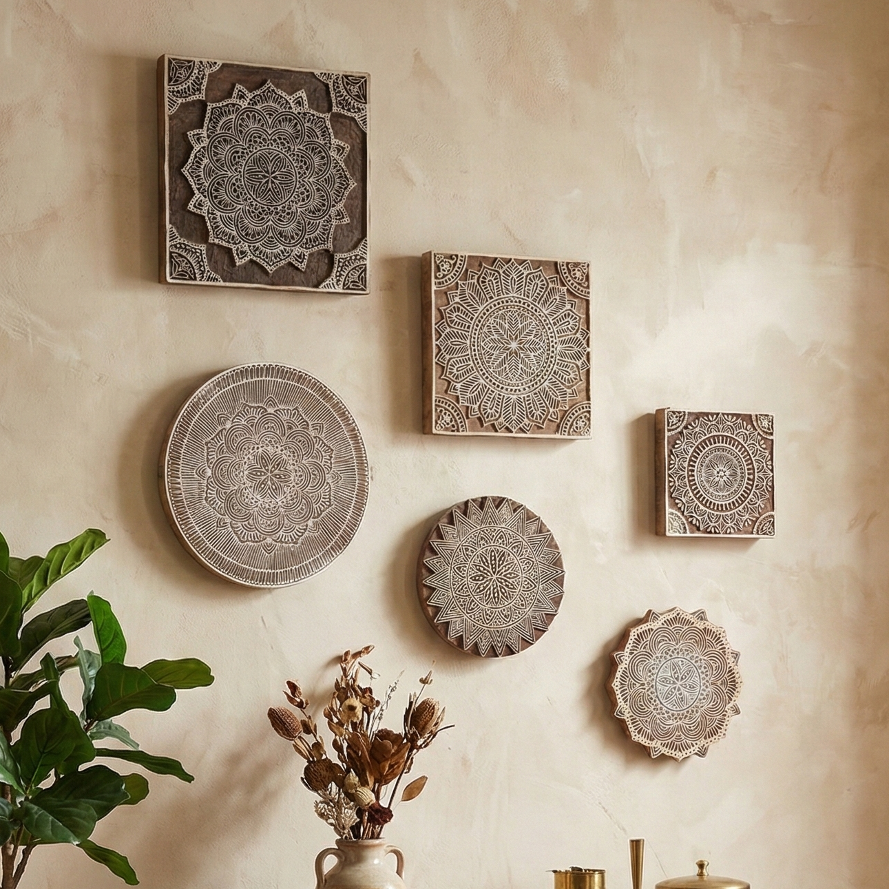 Verdant Motifs - Handcarved Wood Wall Hanging (set of 6)