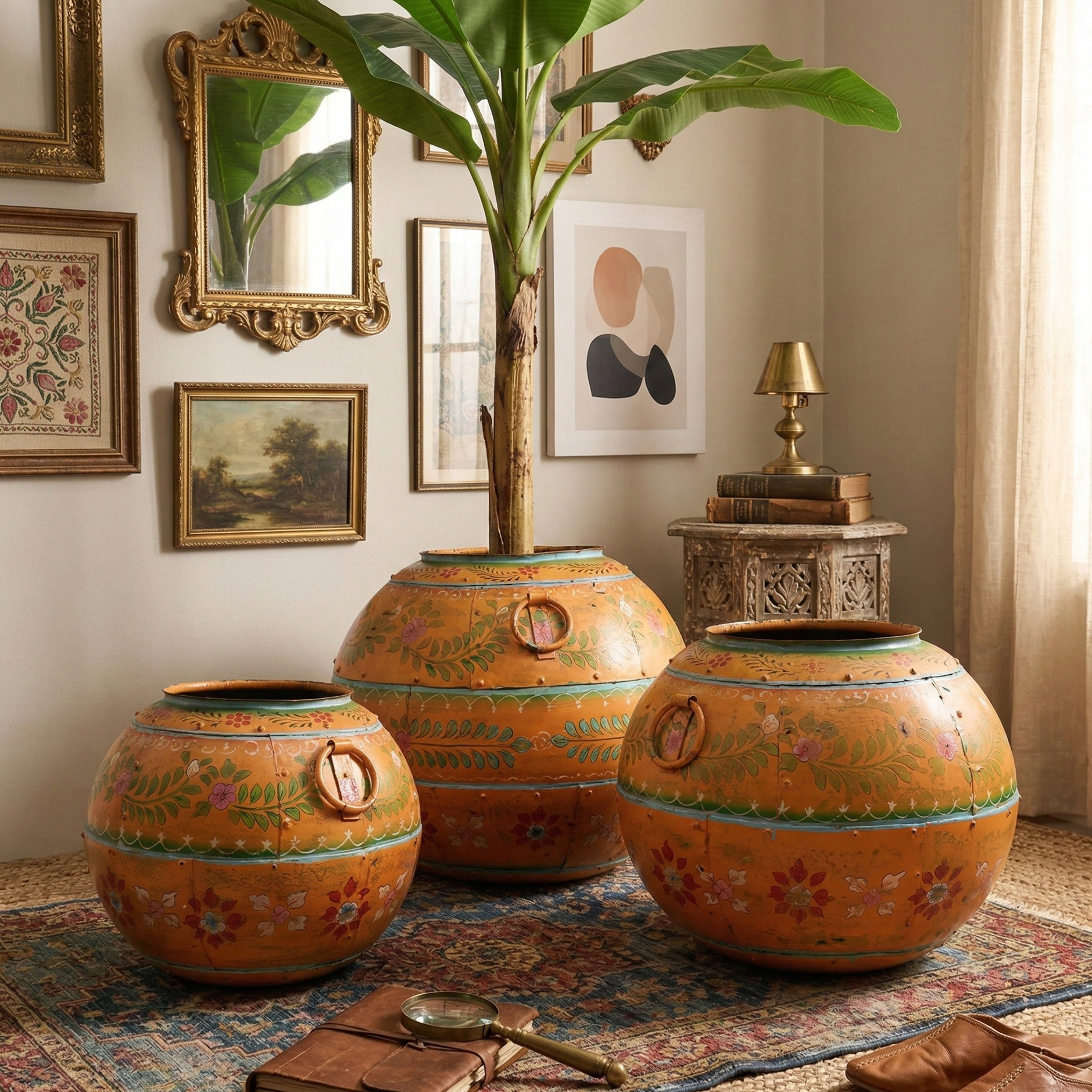 Orange Handpainted Round Metal Pot (Single)