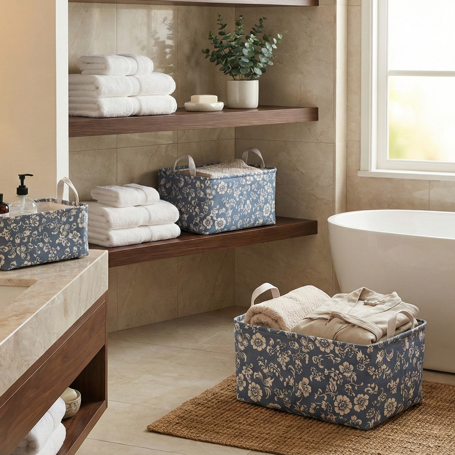 Floral Blue Storage Bins (Set of 3)