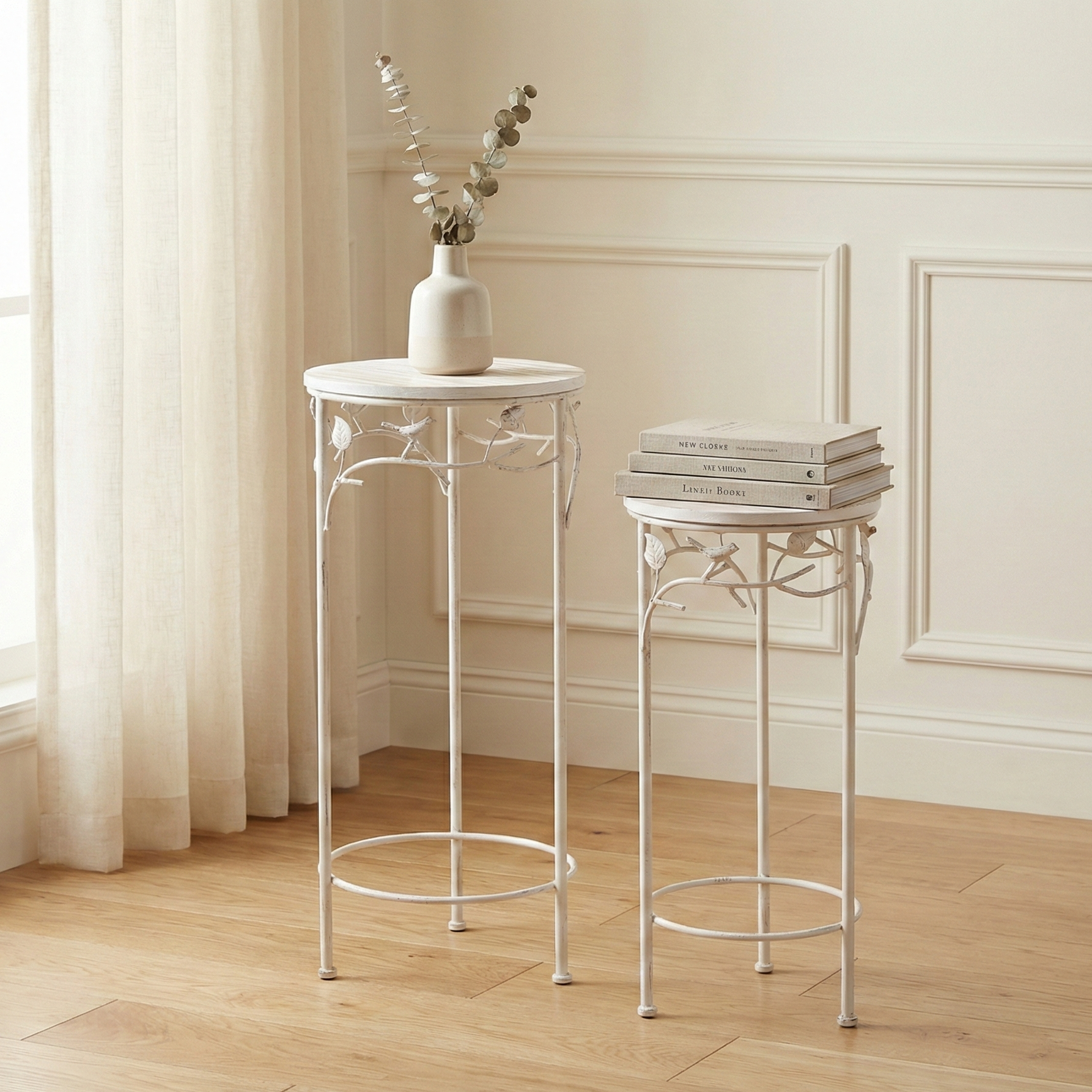 Round Bird Pattern Wood & Metal Tables (Set of 2)