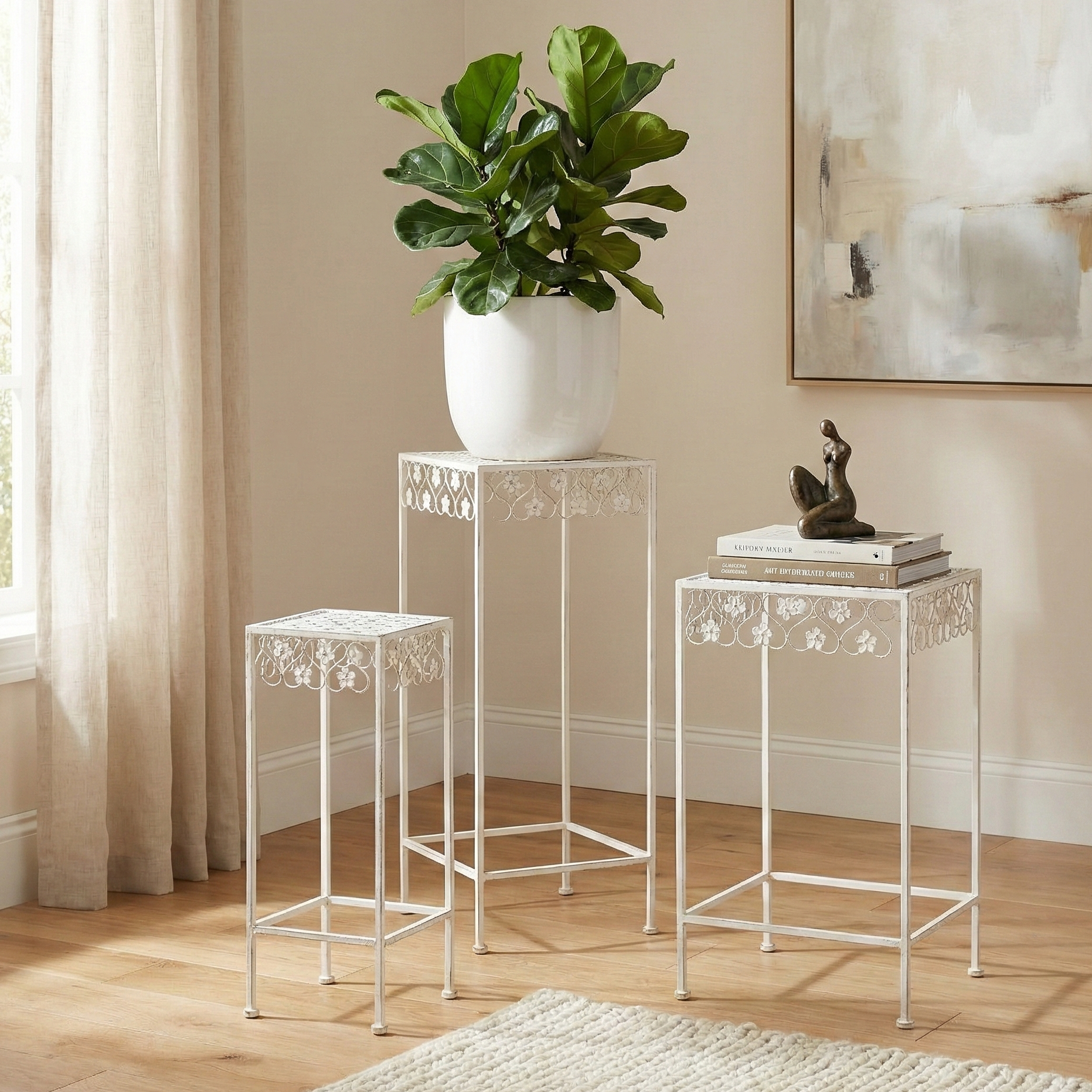 White Meshed Pattern Outdoor Tables (Set of 3)