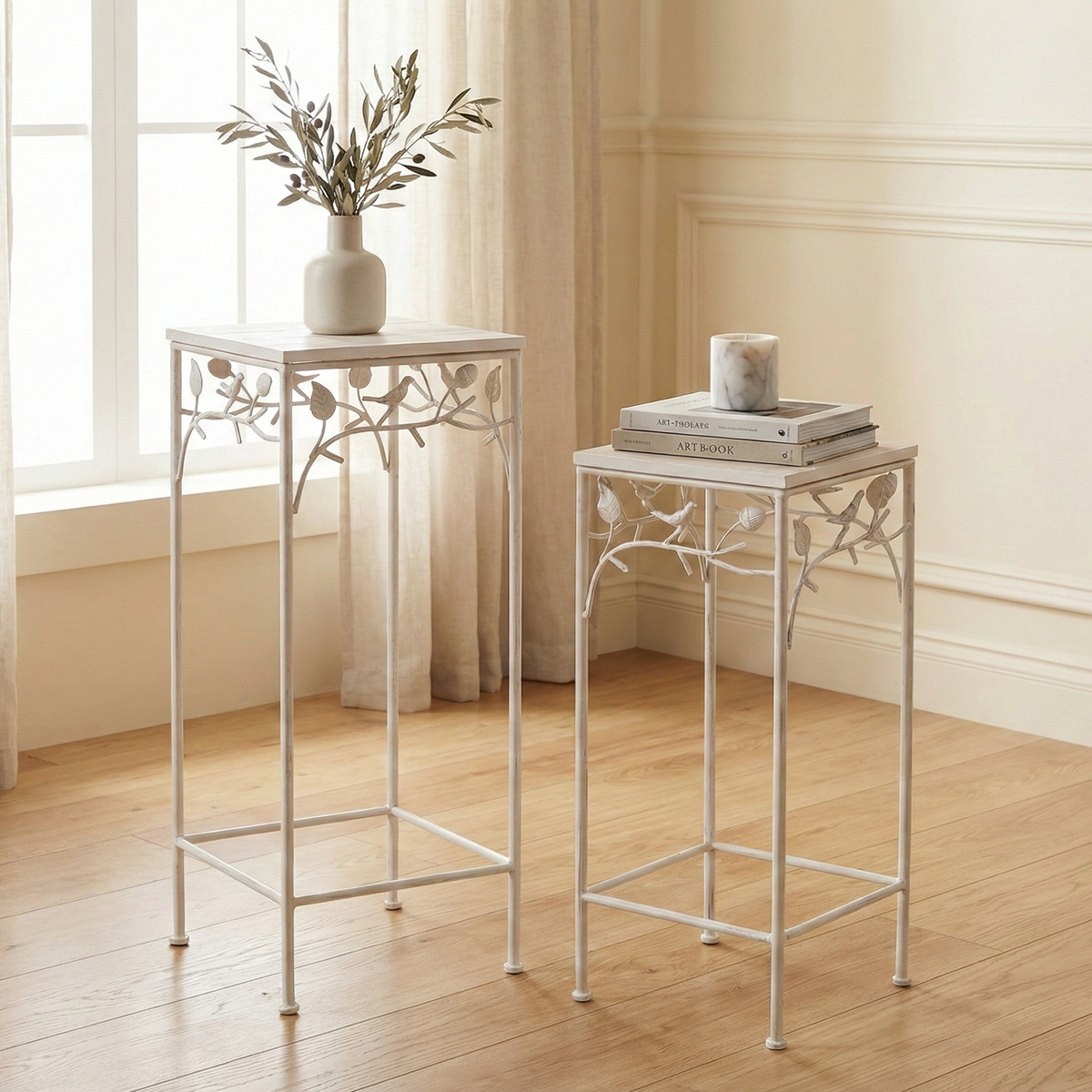 Square Bird Pattern Wood & Metal Tables (Set of 2)