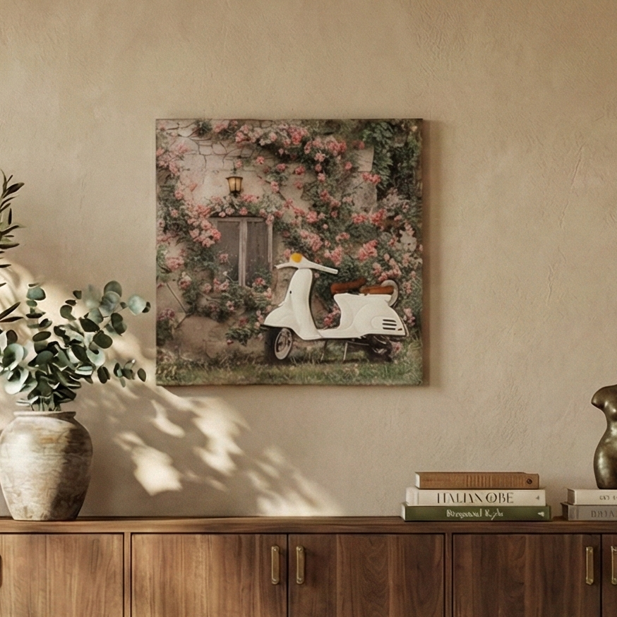 White Vespa & Garden Canvas Art with Battery-Powered Light