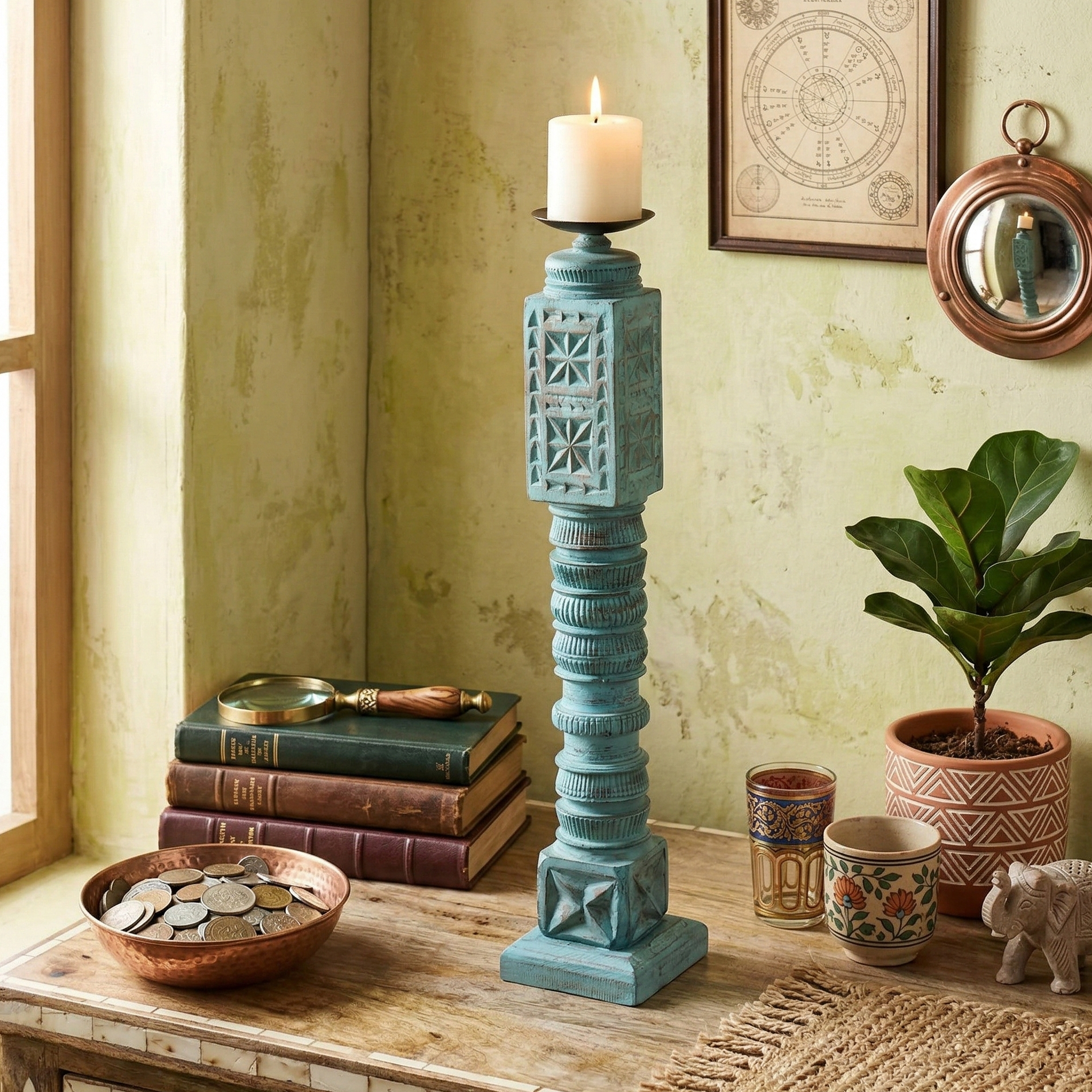 Cross Carved Wooden Candle Stand (Blue)