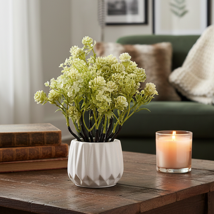 White Faux Bush Flower Plant (White Pot)