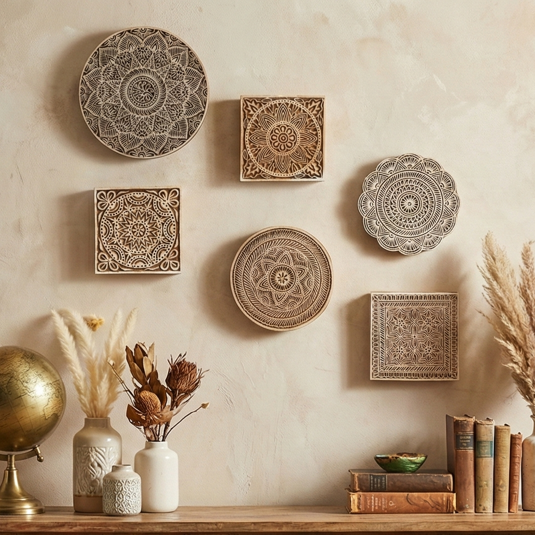 Ethnic Motifs - Handcarved Wood Wall Hanging (set of 6)