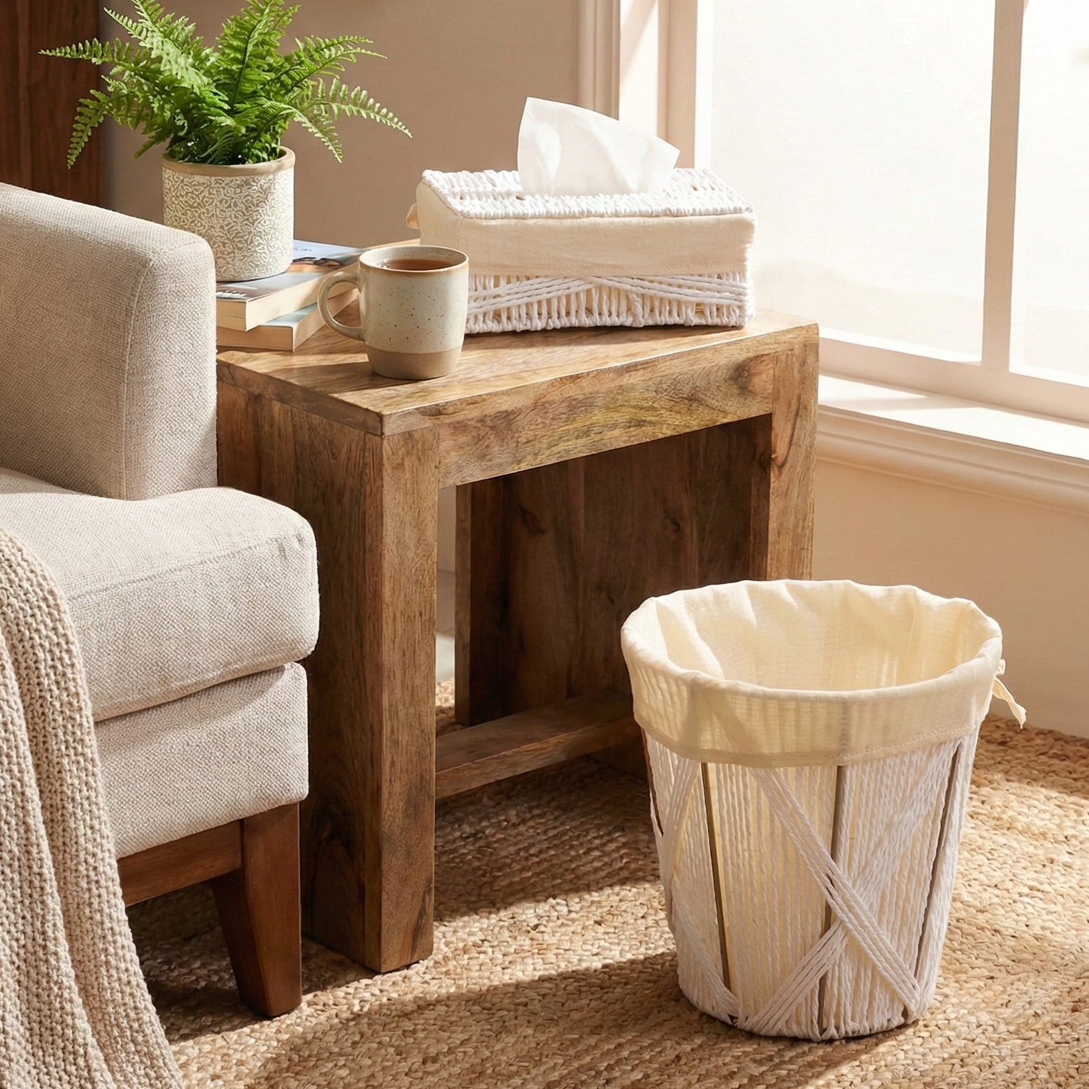 Wicker White Tissue Box & Waste Basket (Set of 2)