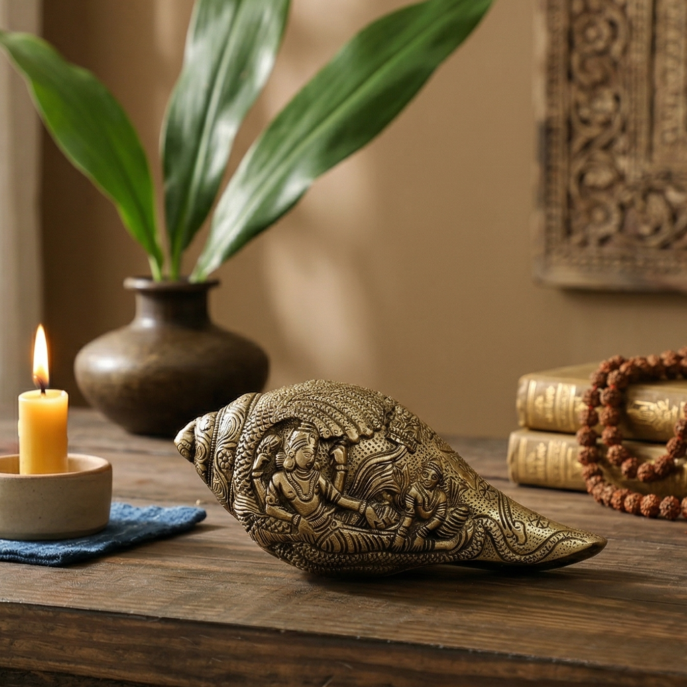 Handcrafted Brass Shankh - Vishnu Detailing