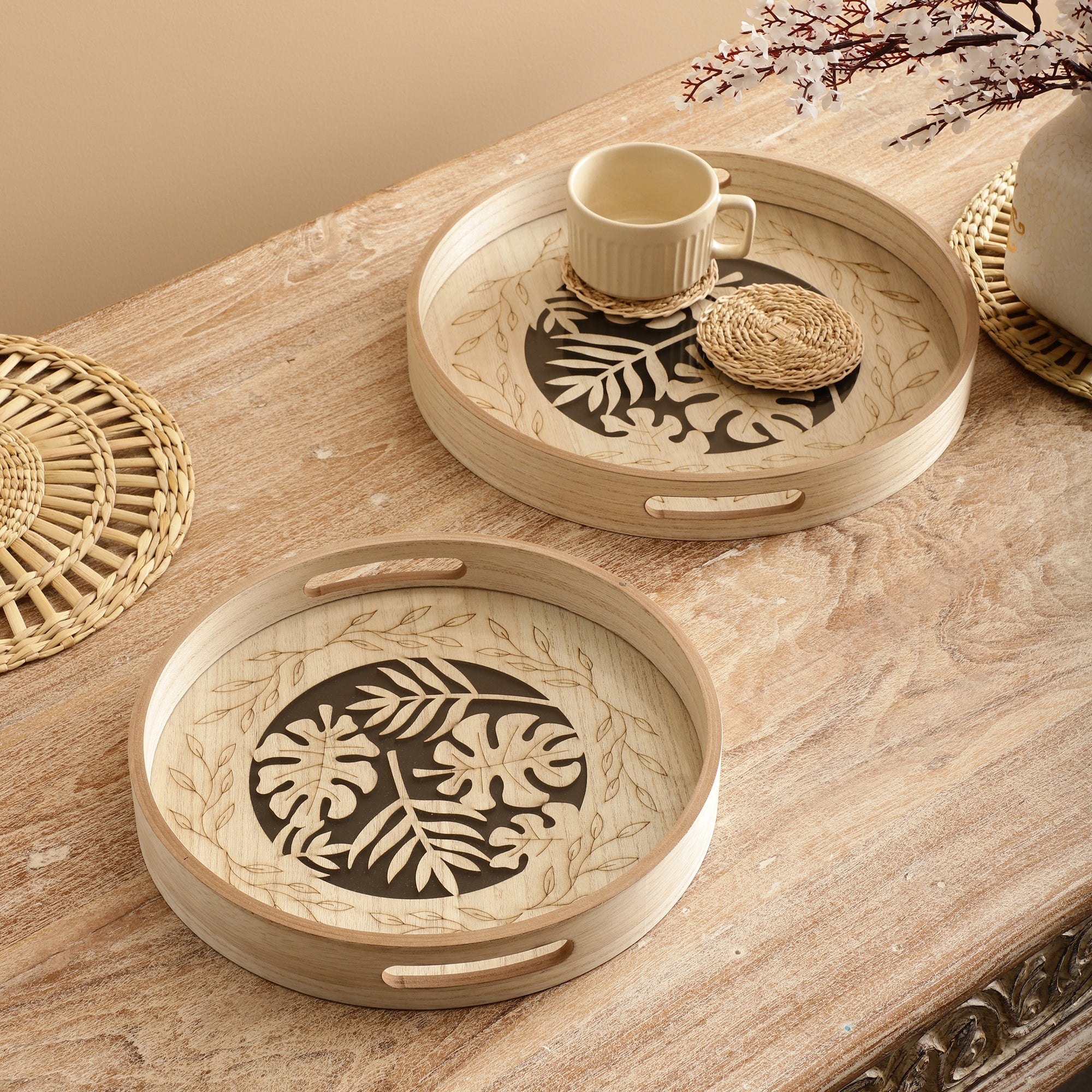 Palm Round Wooden Serving Trays (Set of 2) - Main Image