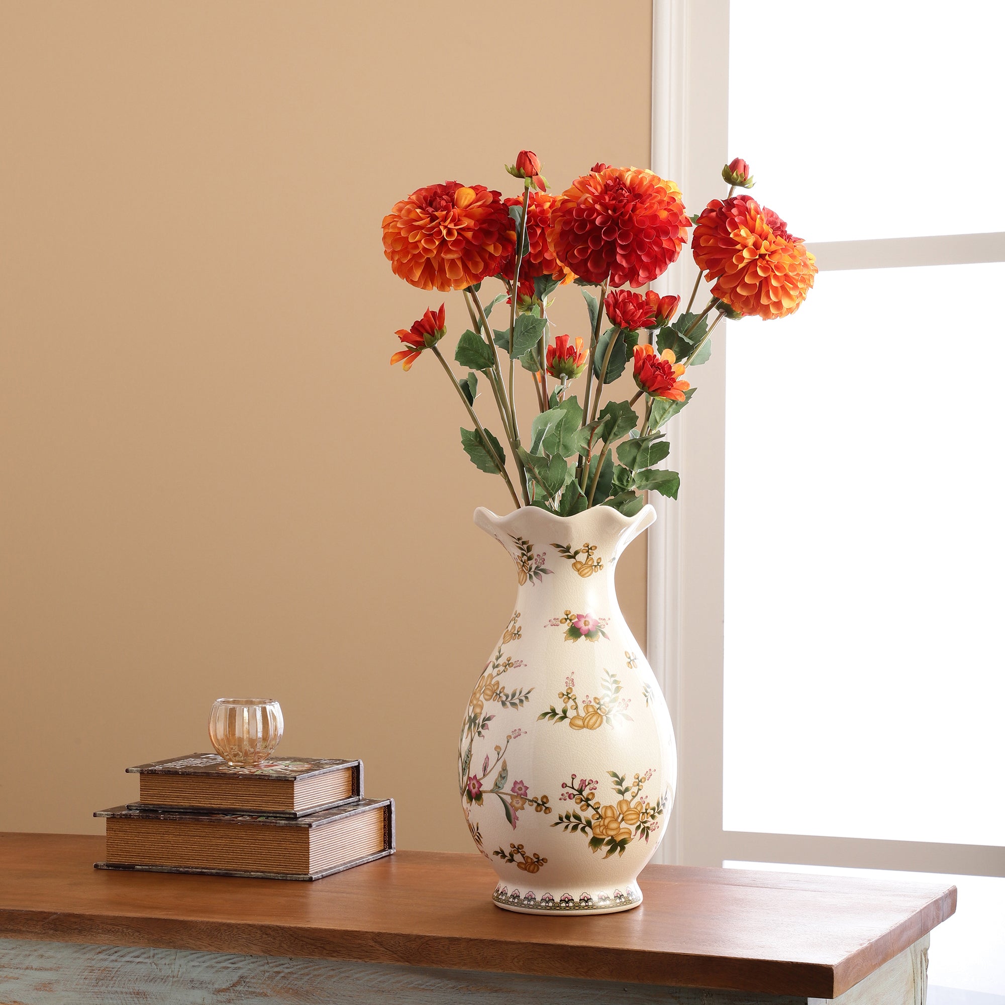 Orange Red Dahlia Faux Flower Stick (Single)