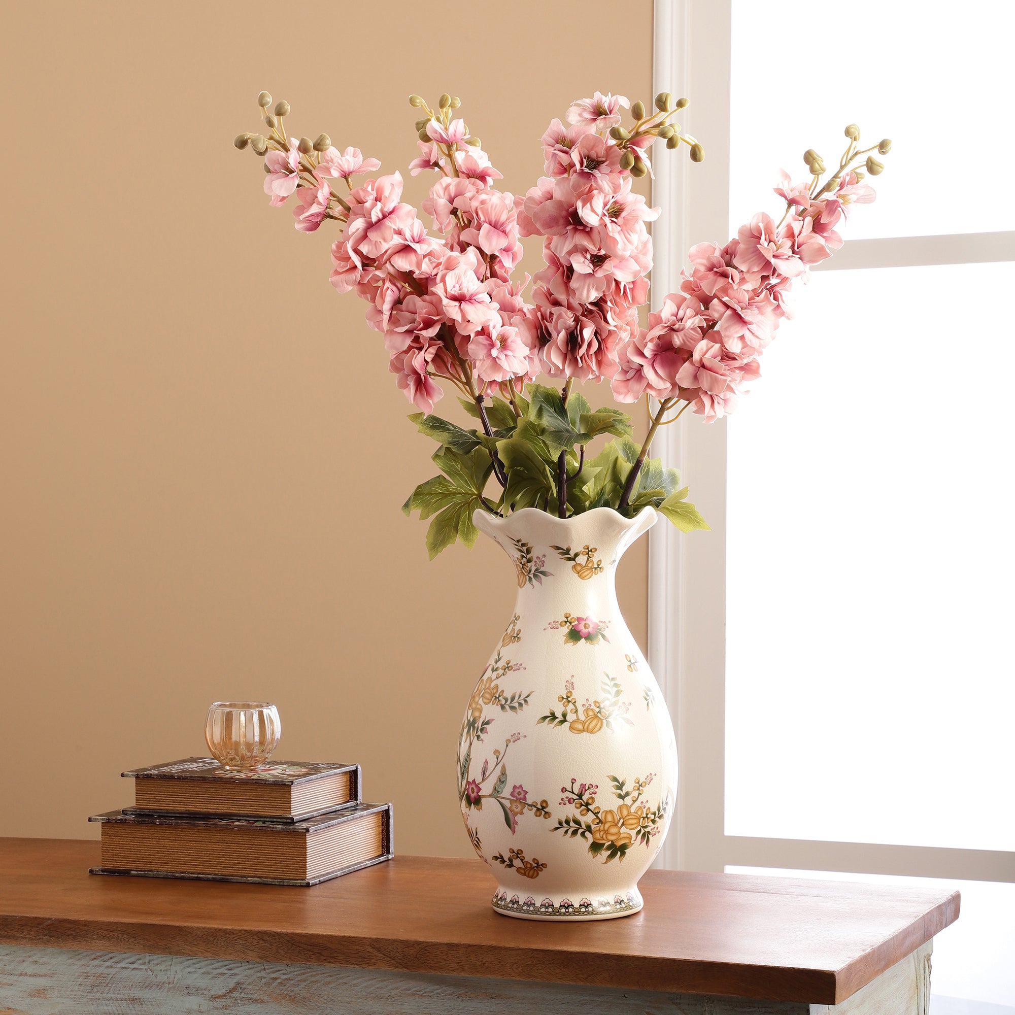 Pink Delphinium Leafy Faux Flower Stick (Single)