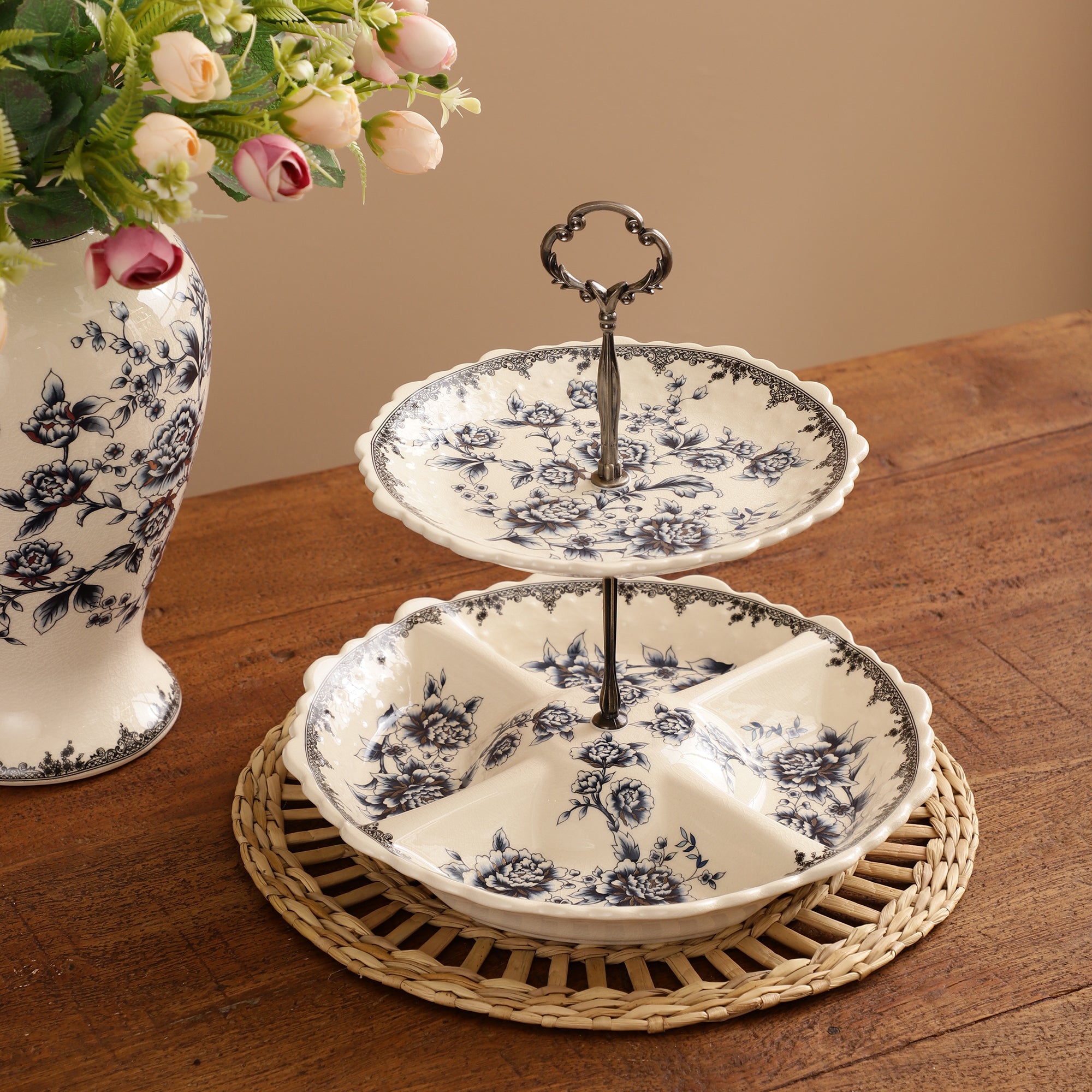 Blue Two Tier Ceramic Dessert Stand