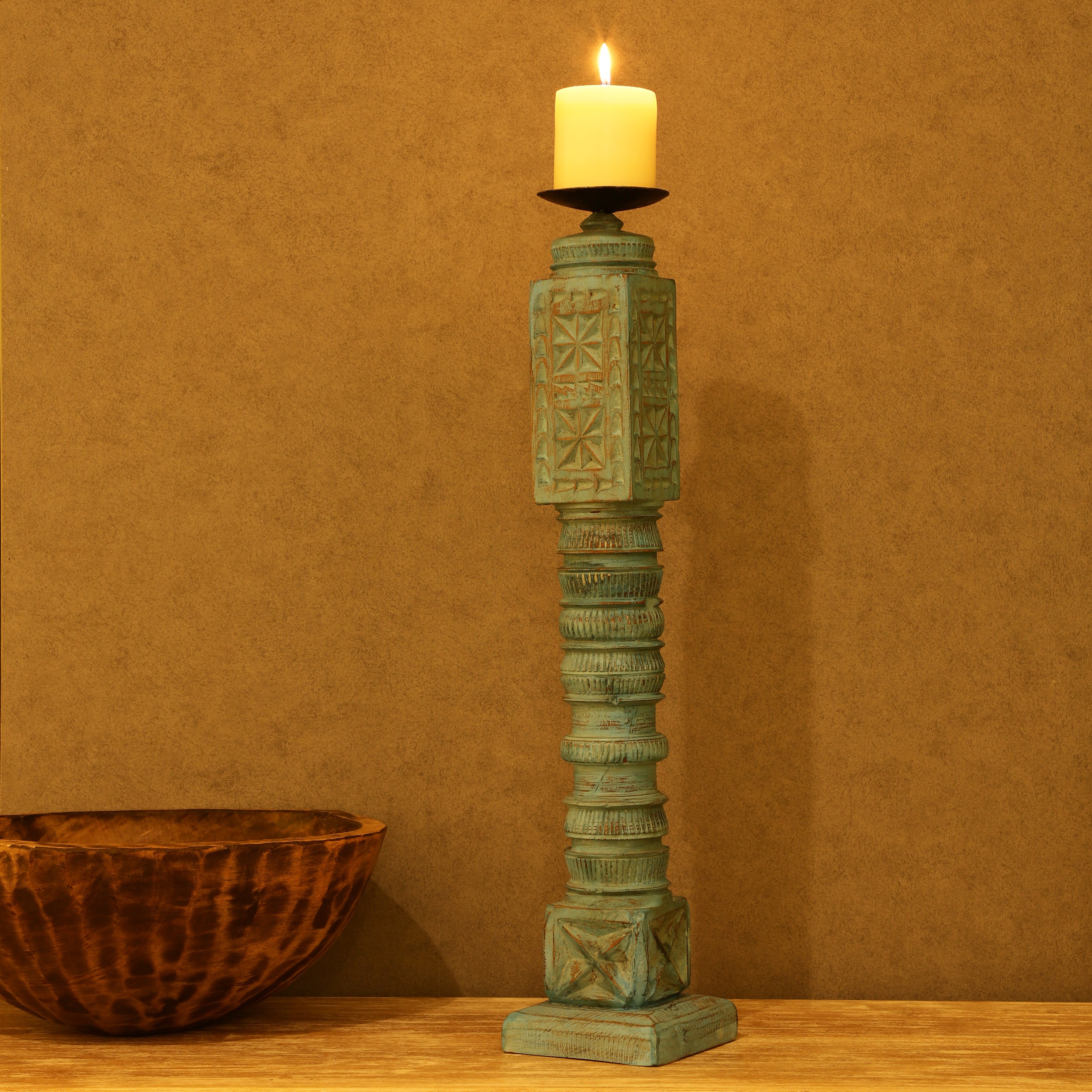 Cross Carved Wooden Candle Stand (Blue)