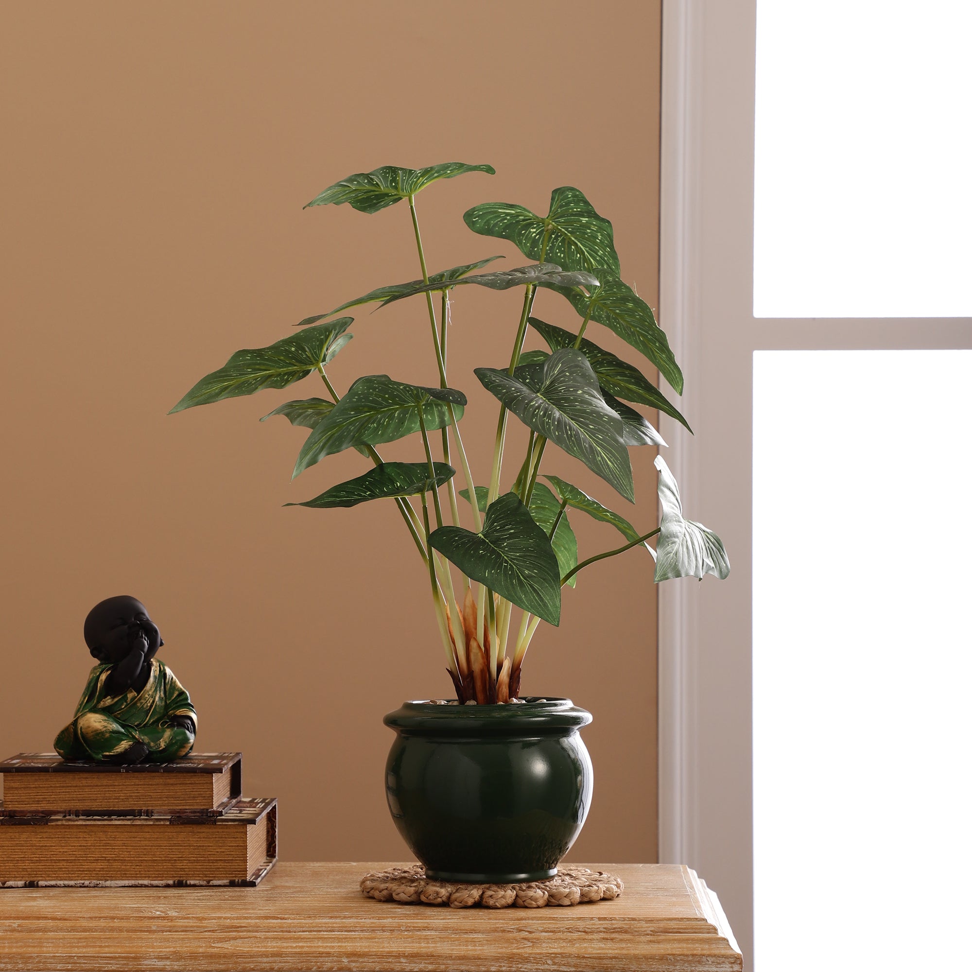 Green Caladium Faux Ceramic Potted Plant