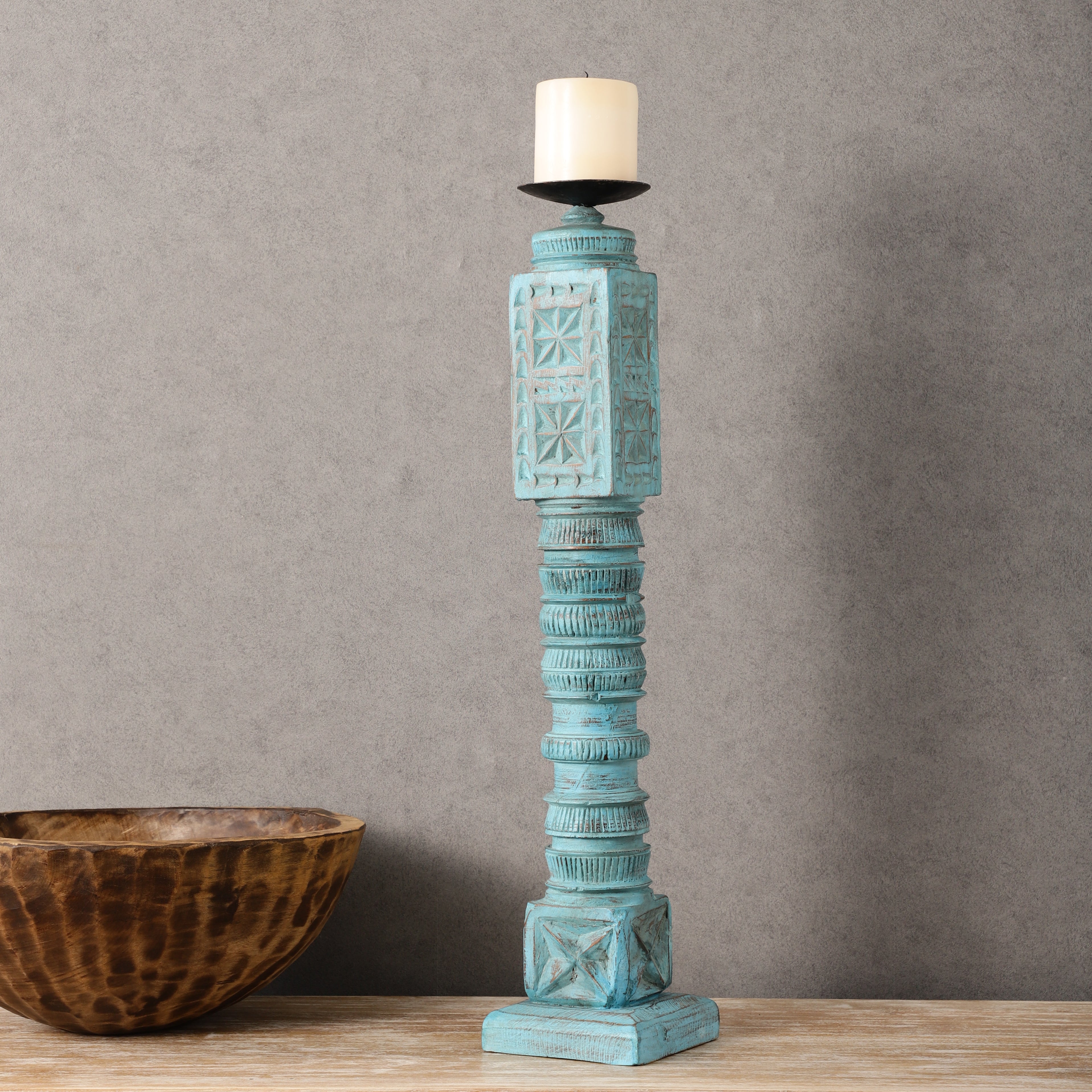 Cross Carved Wooden Candle Stand (Blue)