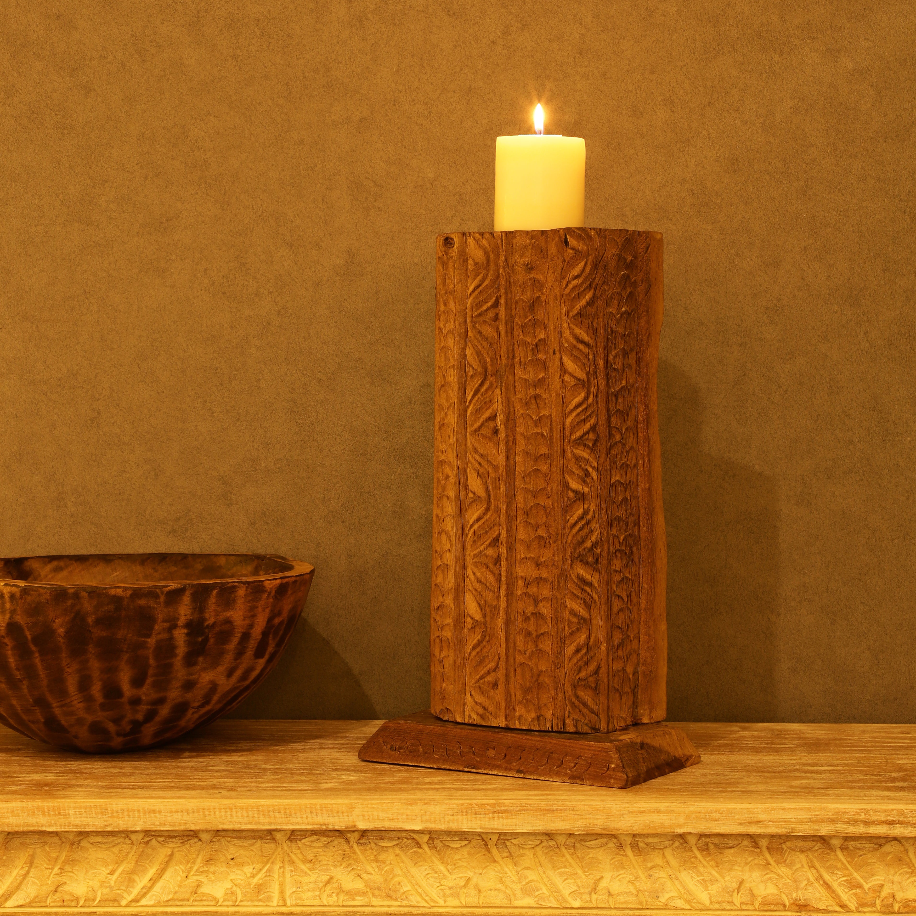 Antique Carved Wooden Candle Pillar (Half-Round)
