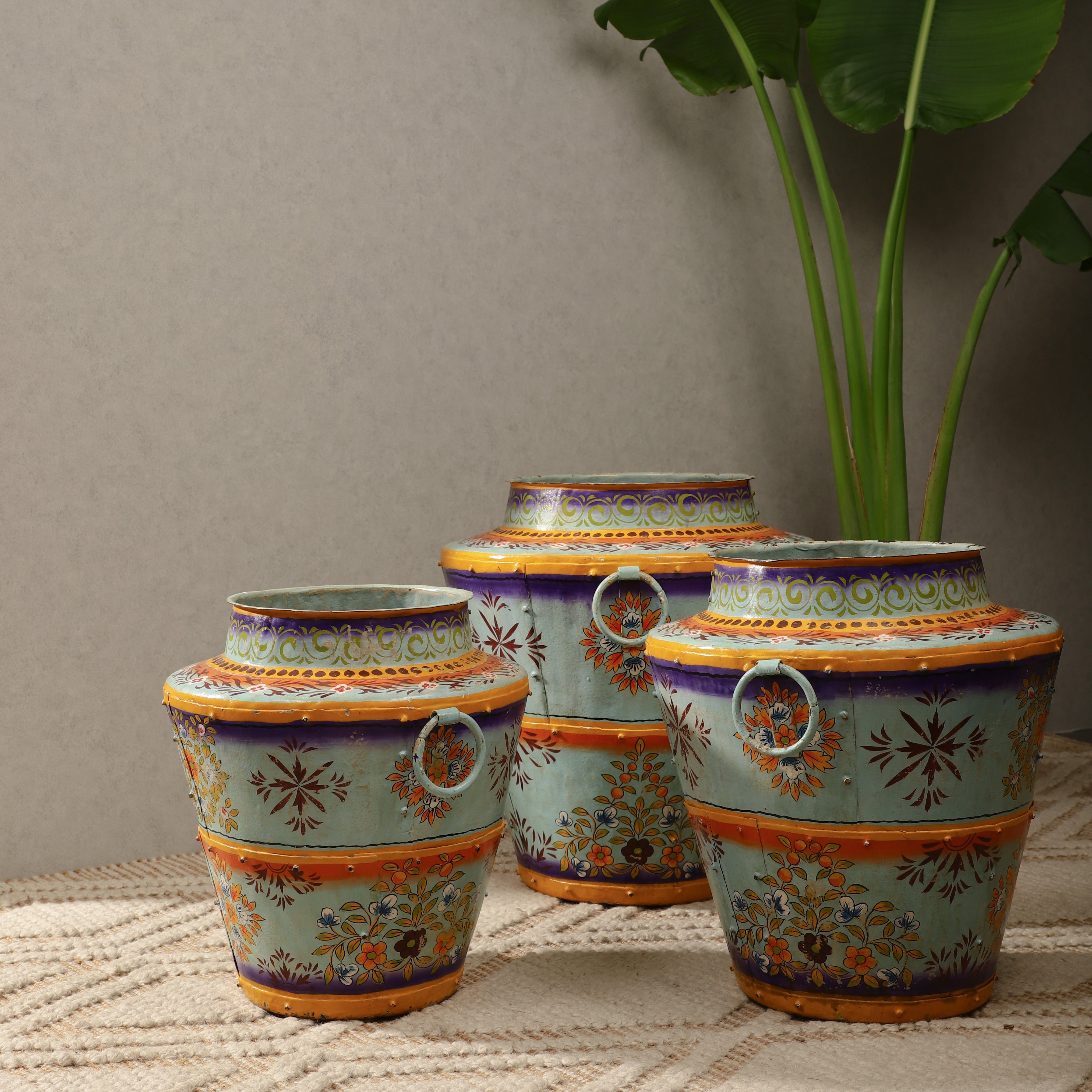 Sky Blue Handpainted Long Metal Pot (Single)