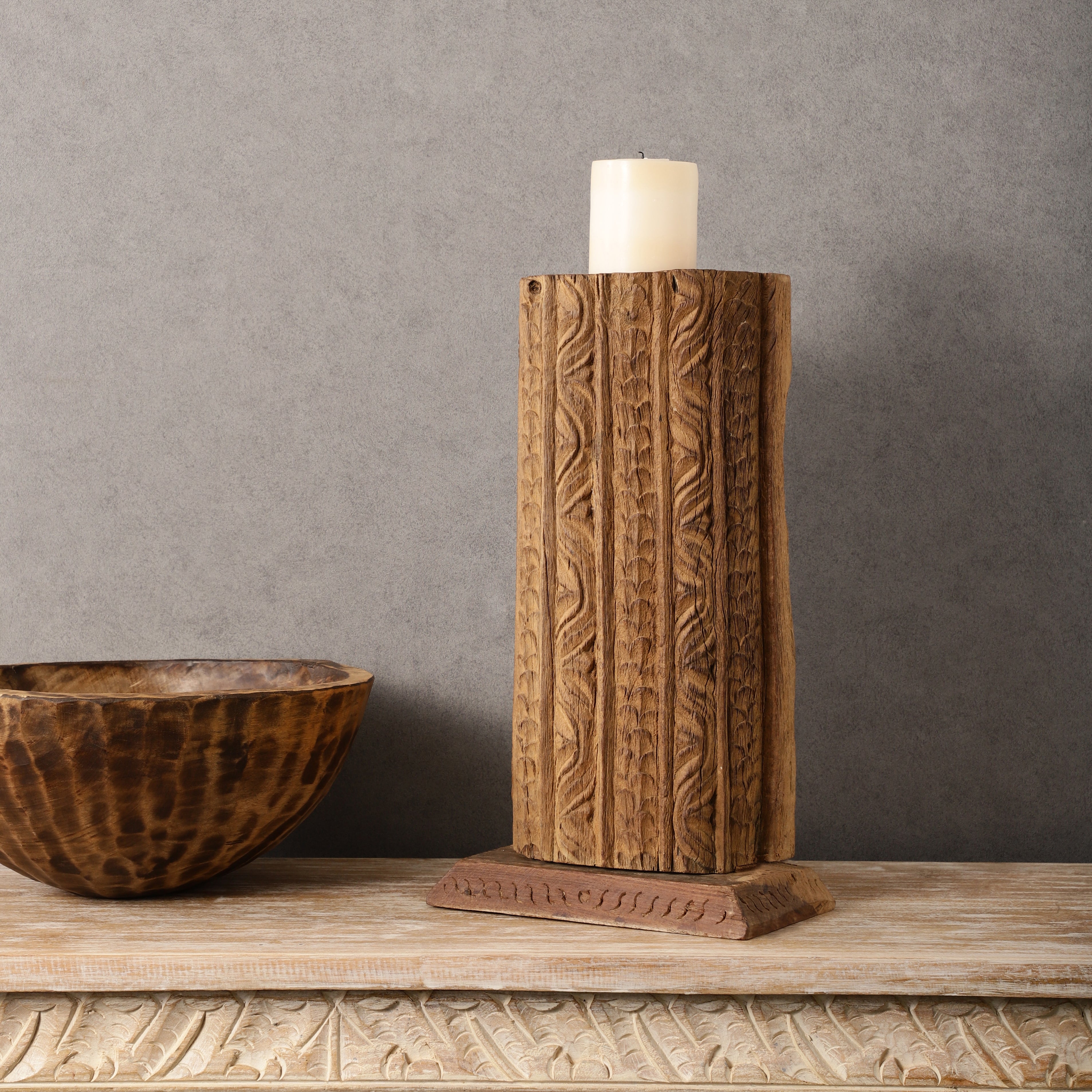Antique Carved Wooden Candle Pillar (Half-Round)