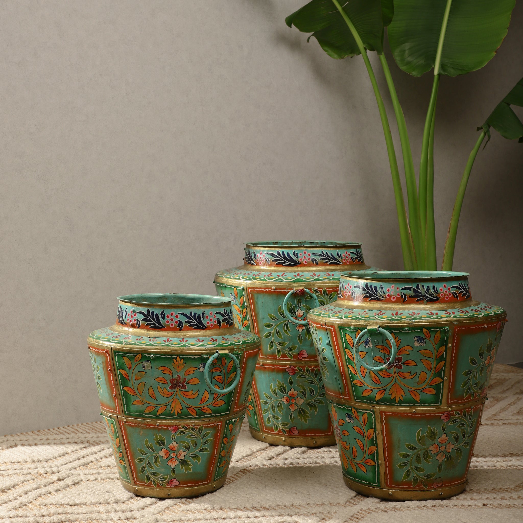 Green Handpainted Long Metal Pot (Single) - Main Image