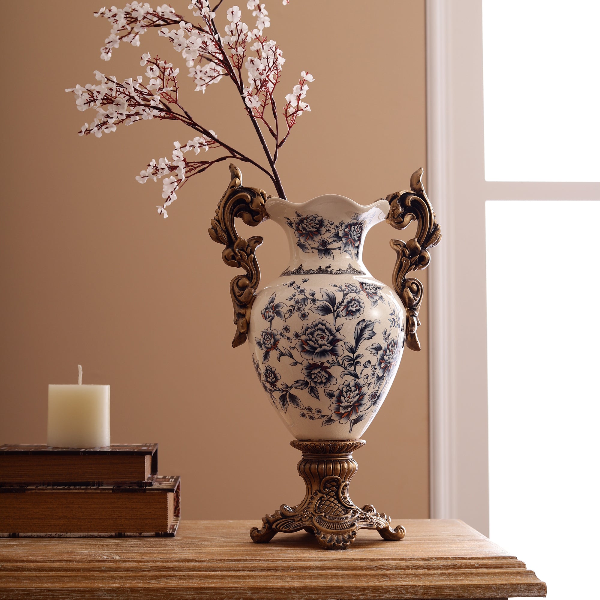 Blue Regal Ceramic Vase with Gold Handles