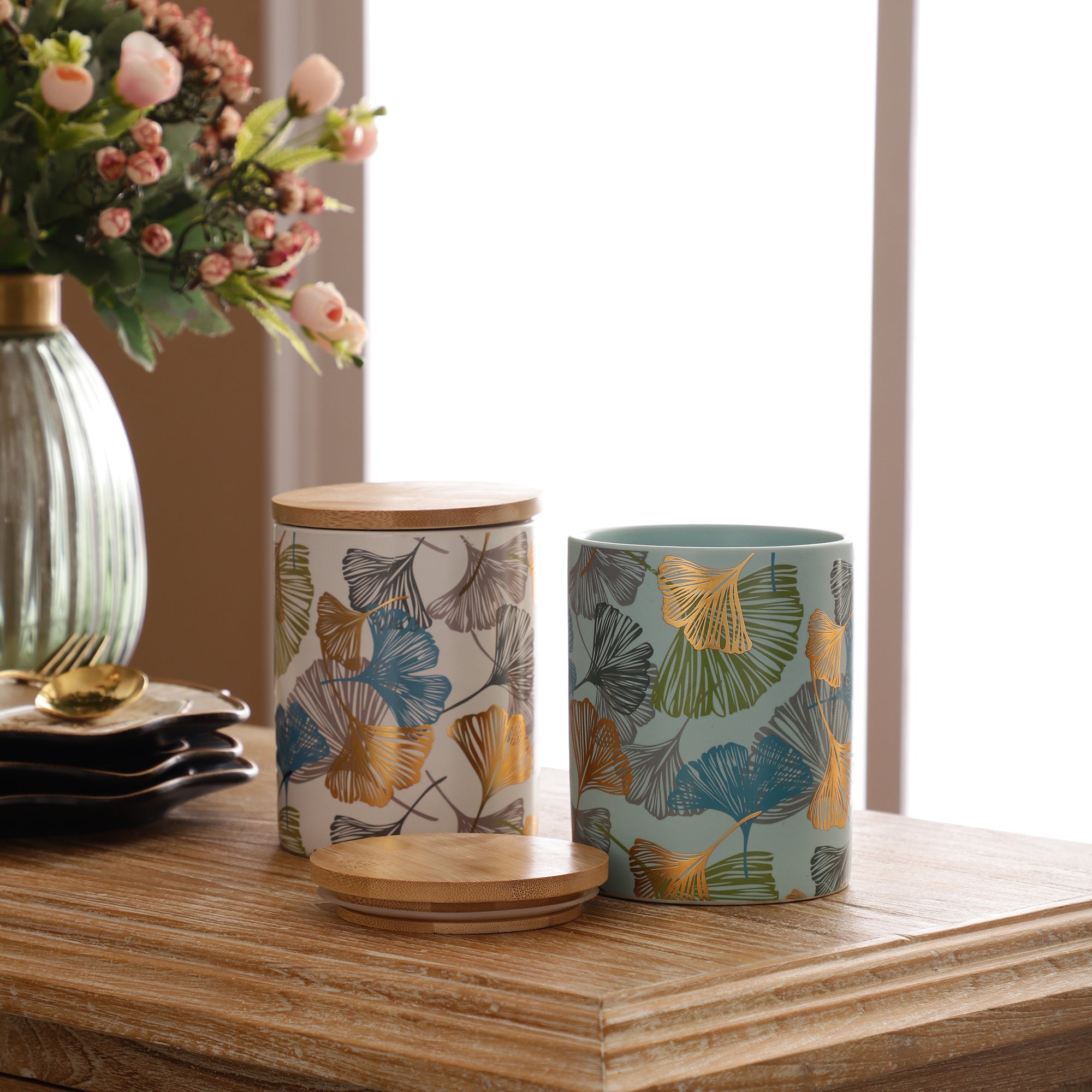 Floral Ceramic Jar with Wooden Lid (Single)