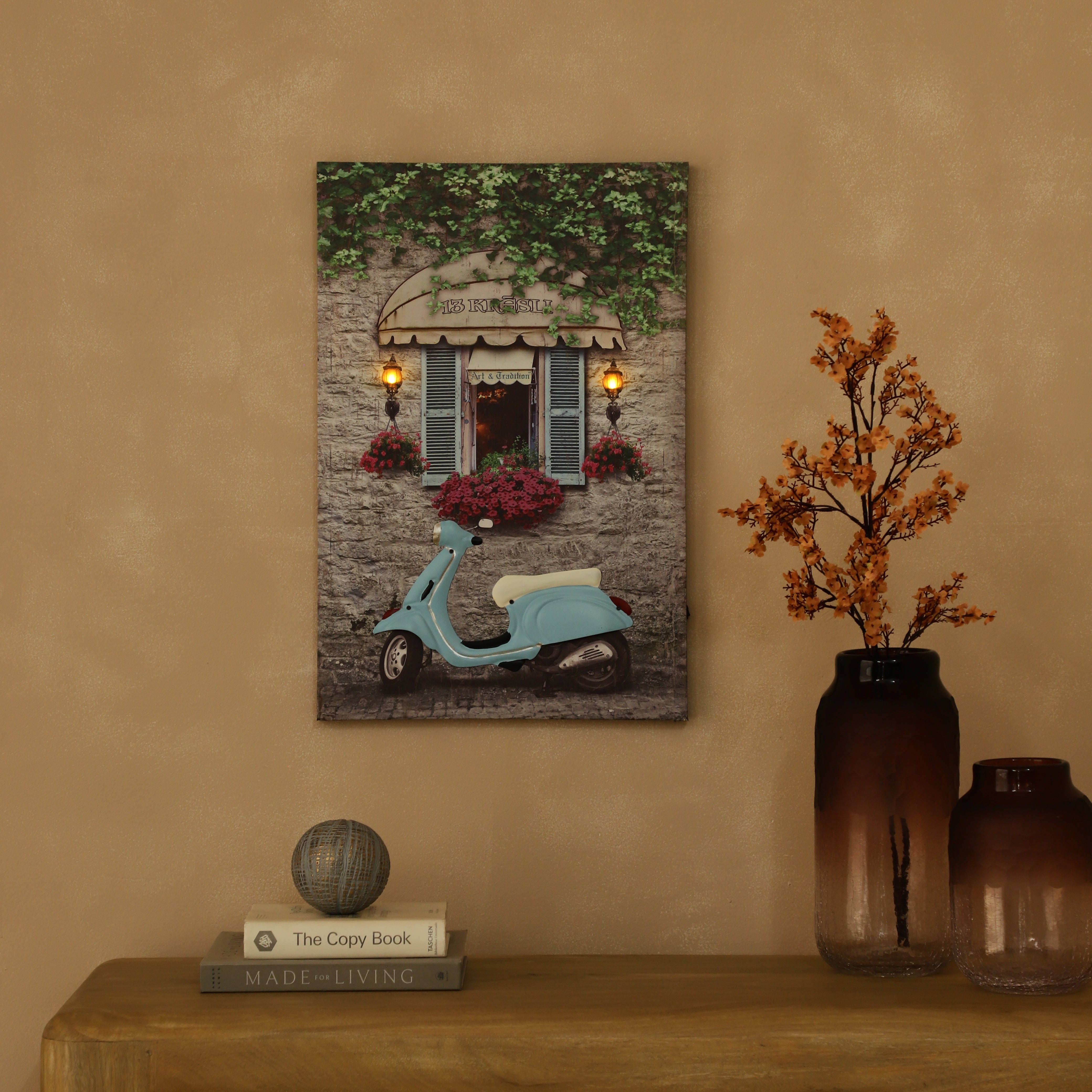 Blue Vespa Courtyard Canvas Art with Battery-Powered Light