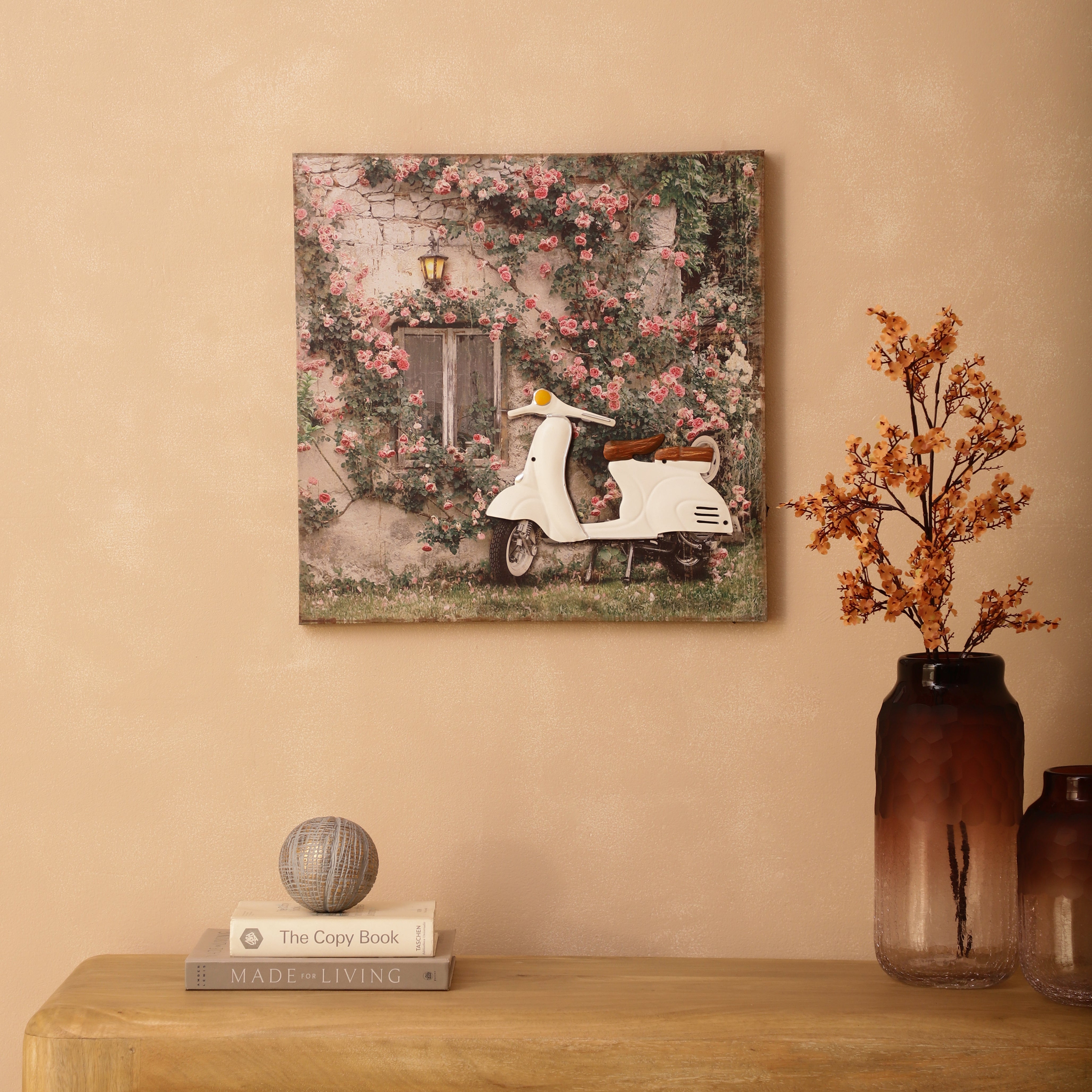 White Vespa & Garden Canvas Art with Battery-Powered Light