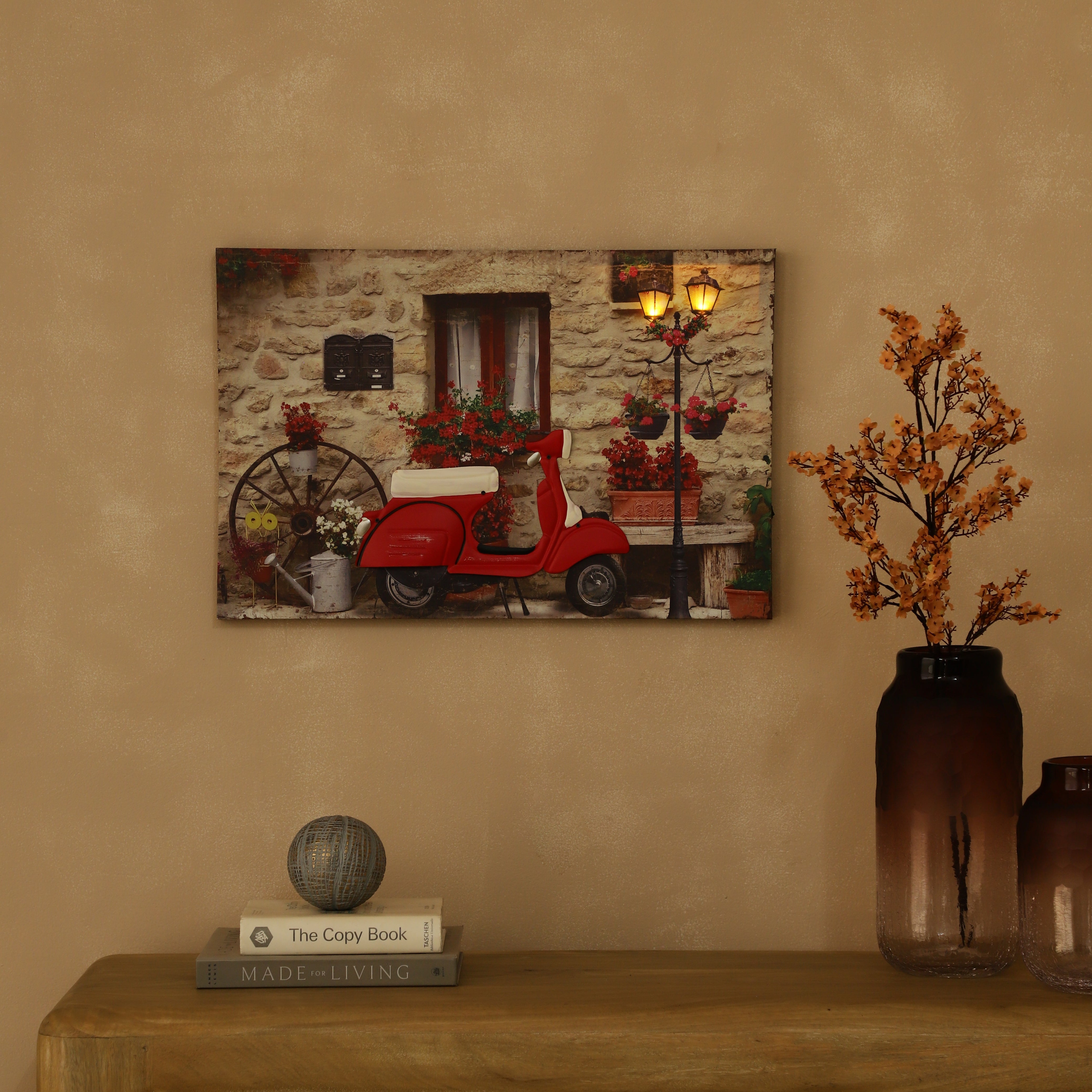 Red Vespa Courtyard Canvas Art with Battery-Powered Light