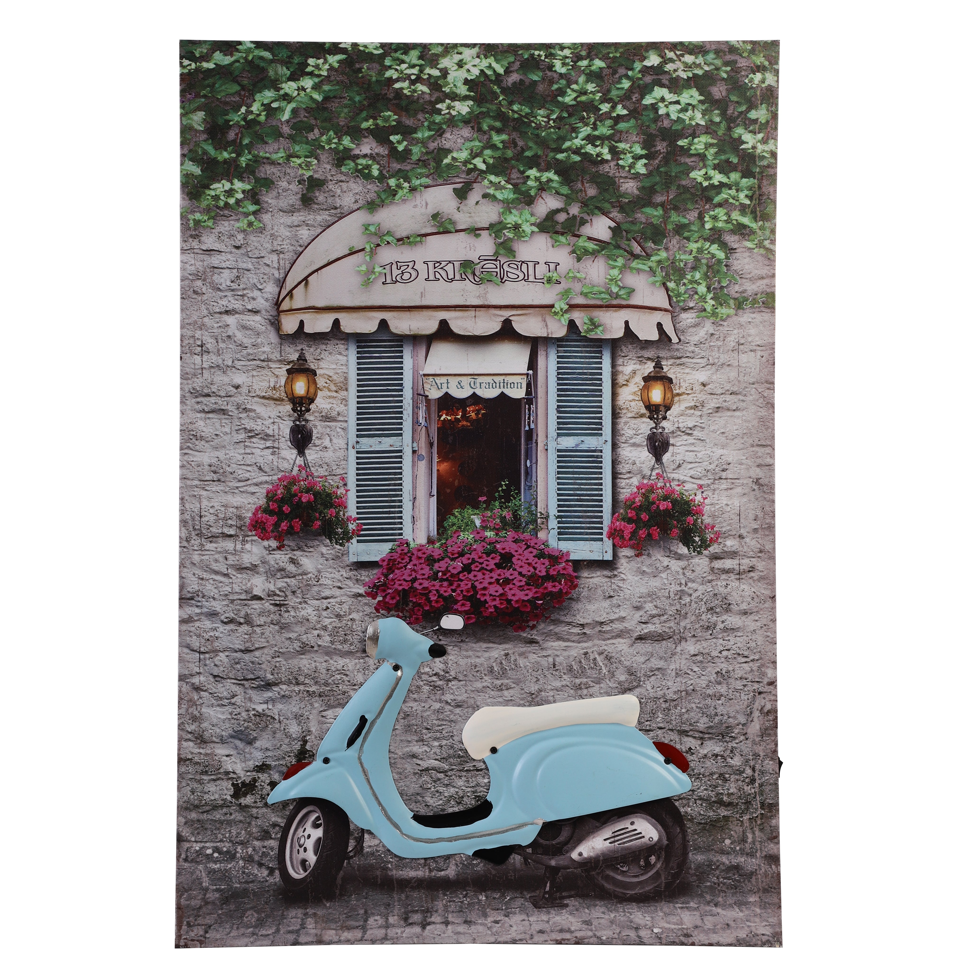 Blue Vespa Courtyard Canvas Art with Battery-Powered Light