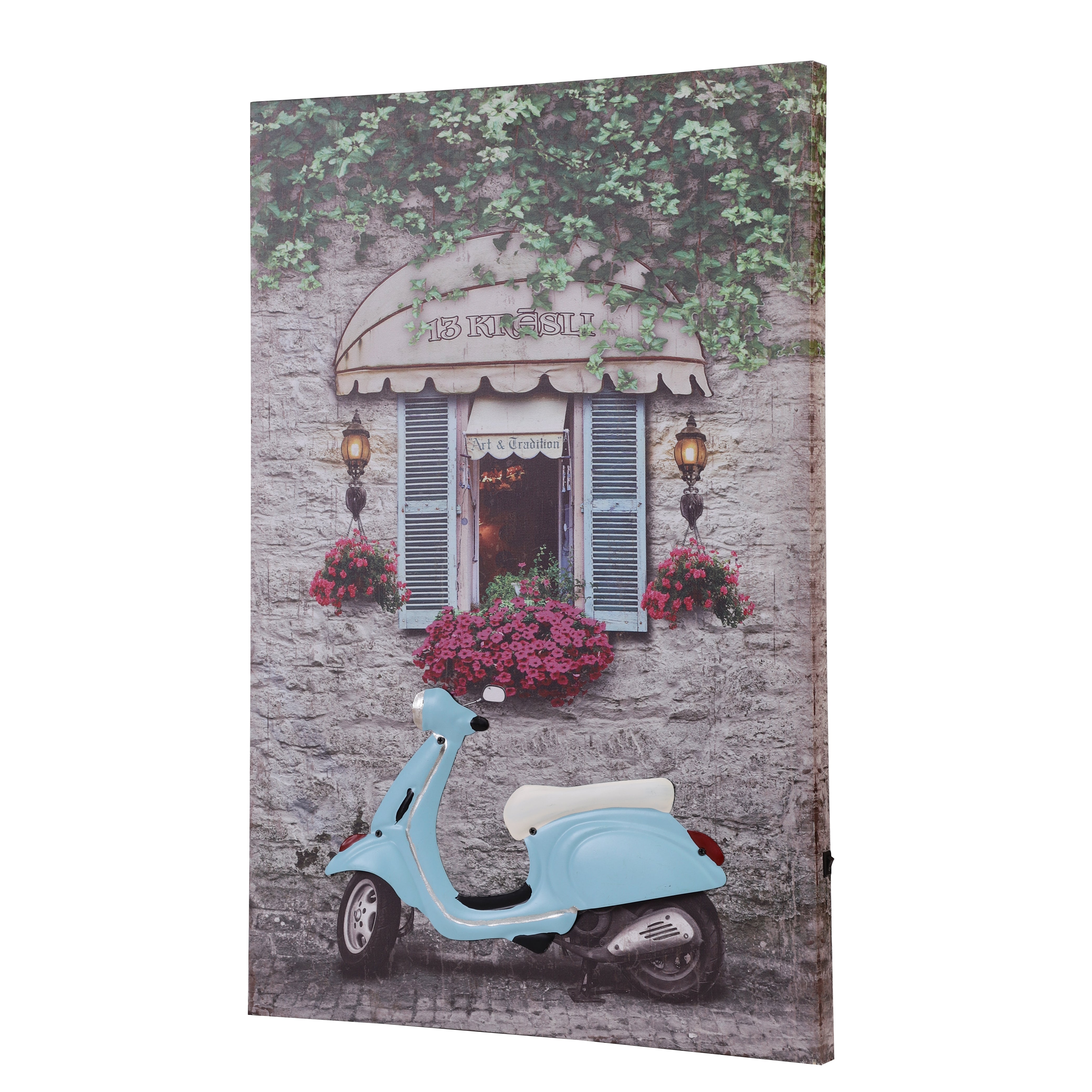 Blue Vespa Courtyard Canvas Art with Battery-Powered Light
