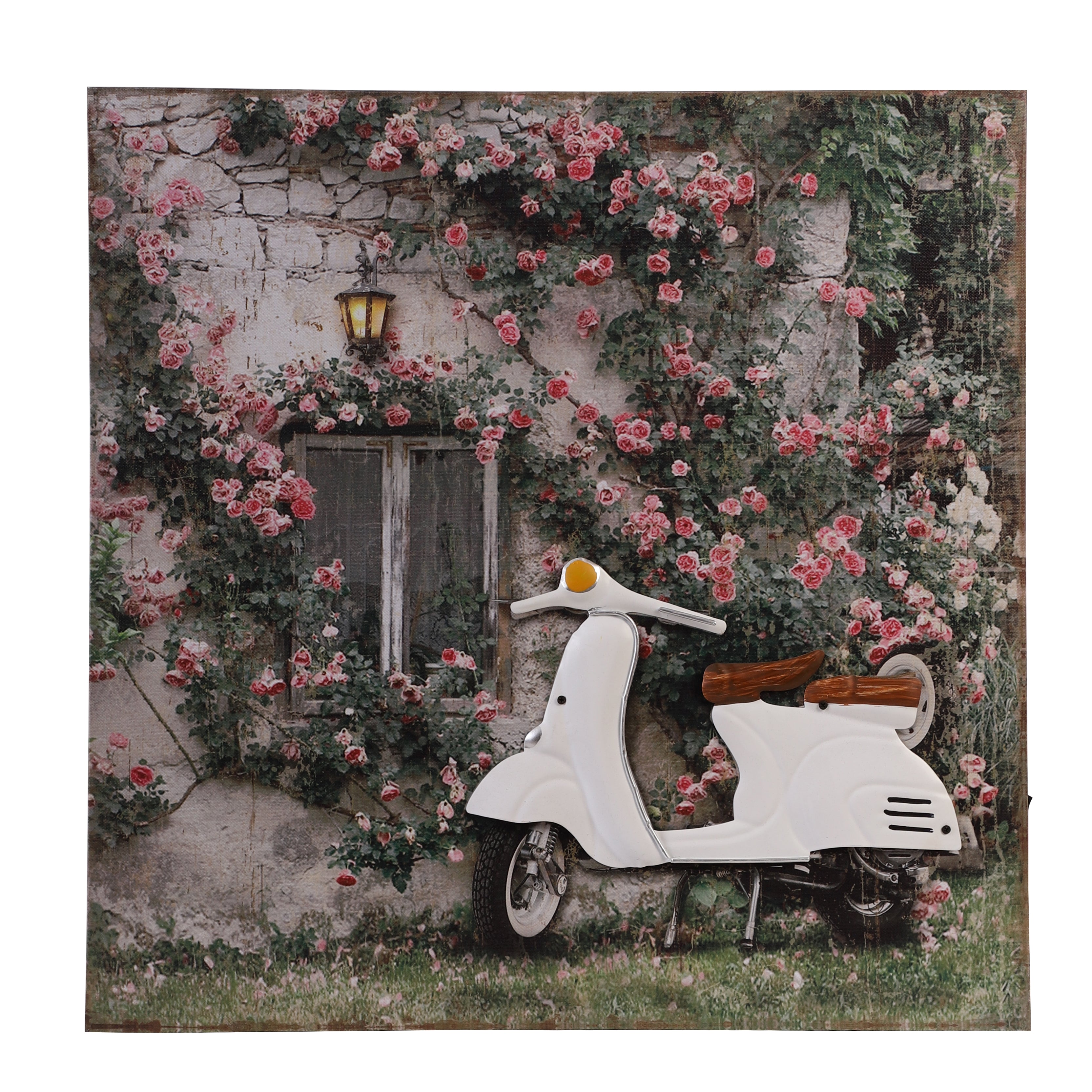 White Vespa & Garden Canvas Art with Battery-Powered Light
