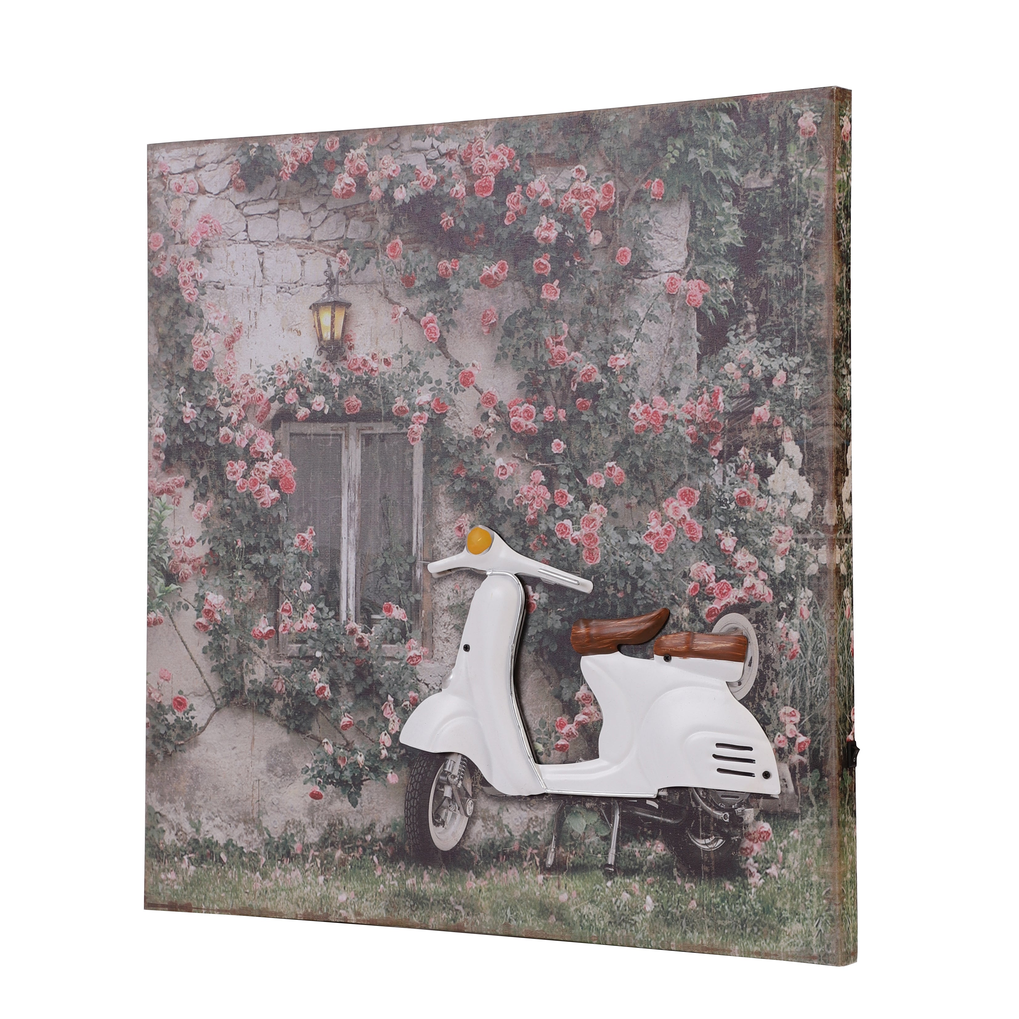 White Vespa & Garden Canvas Art with Battery-Powered Light
