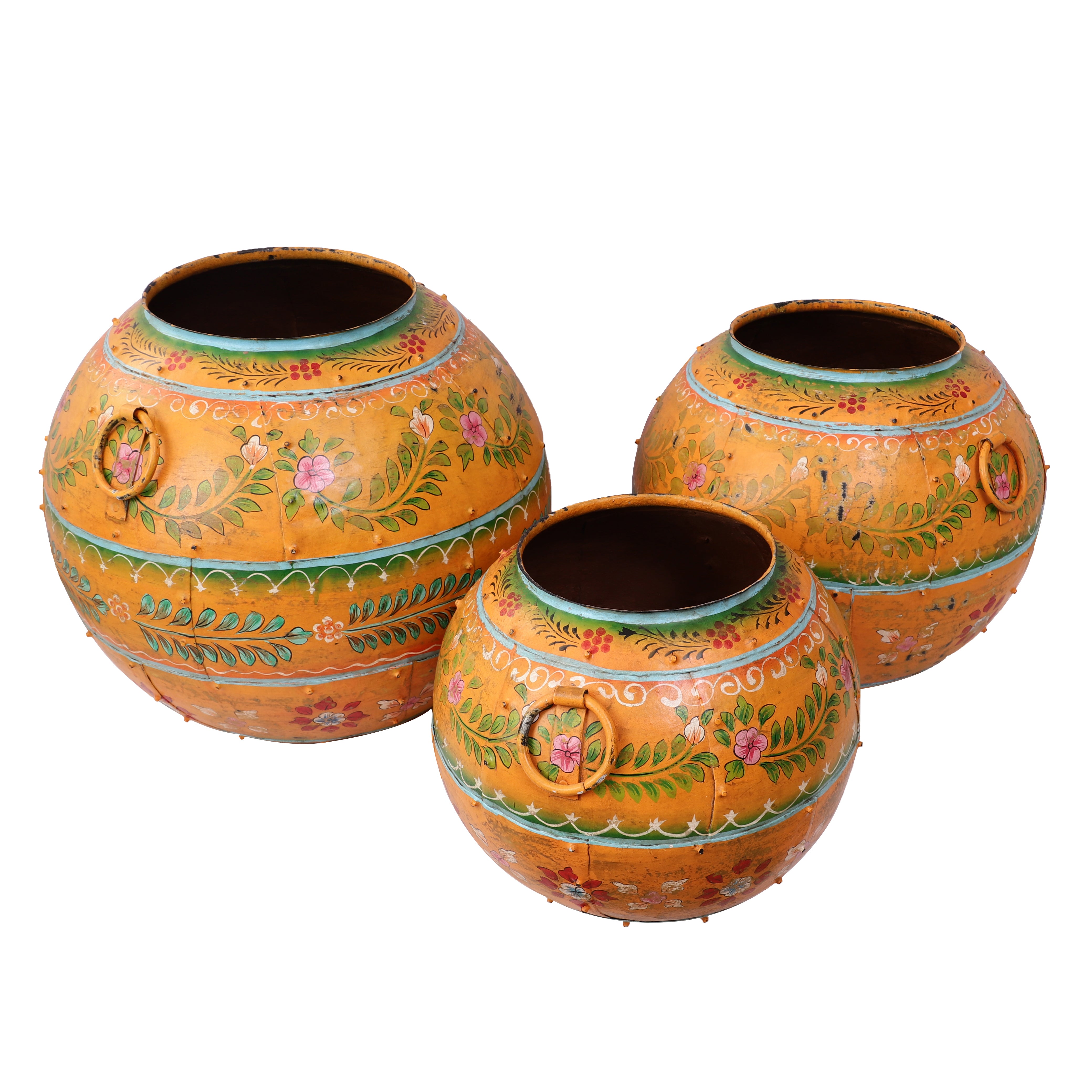 Orange Handpainted Round Metal Pot (Single)