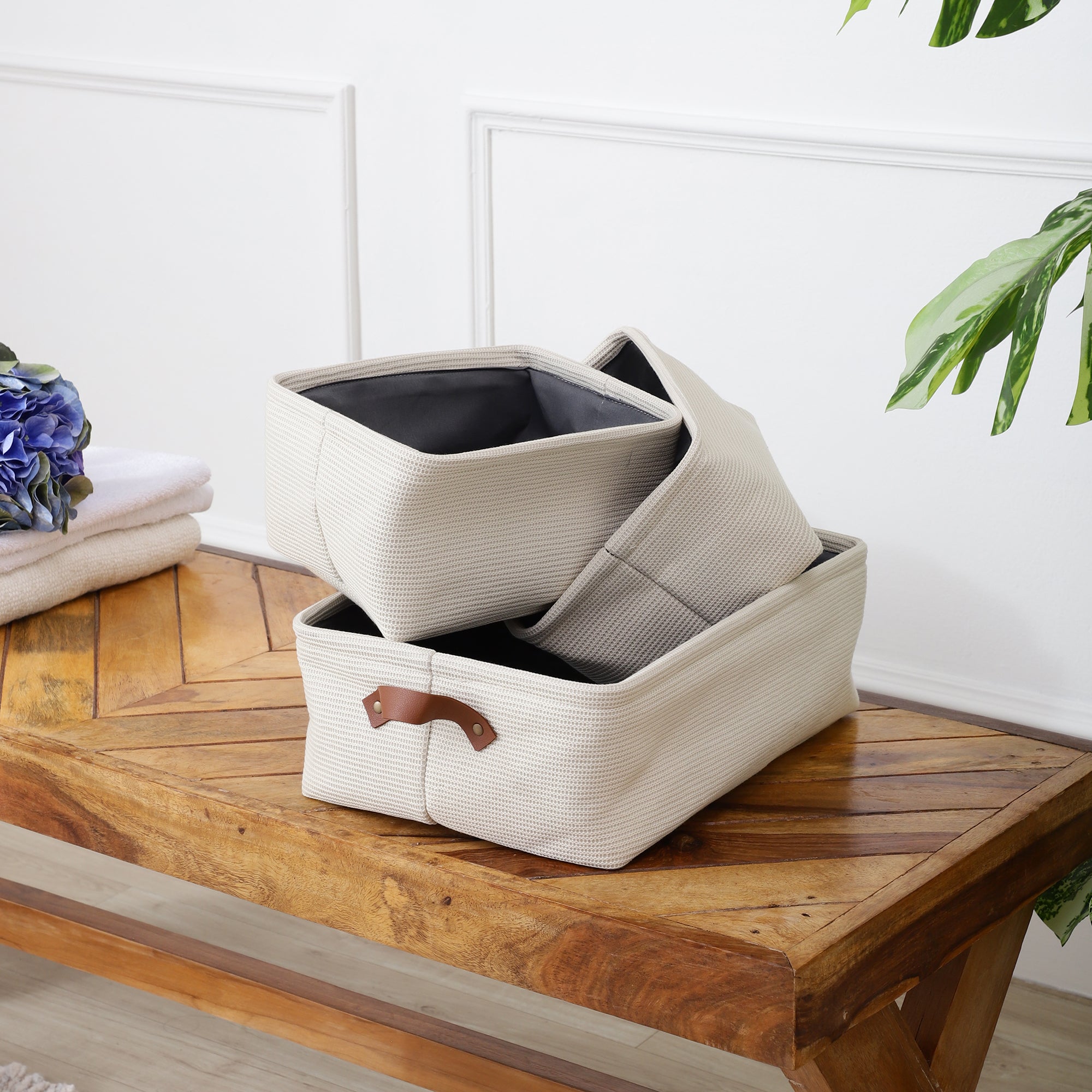 Off-White Storage Set with Leather Pulls (Set of 3)