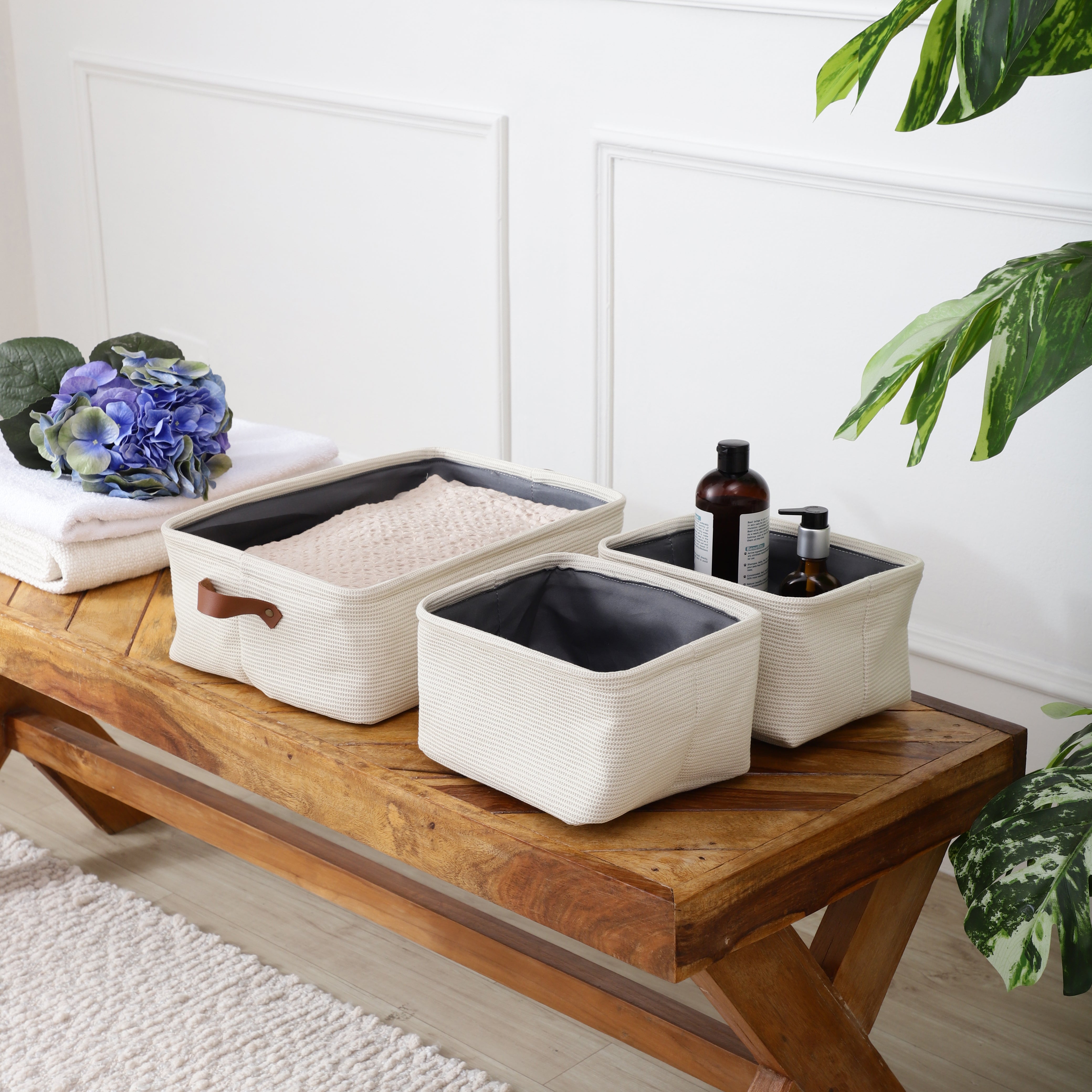 Off-White Storage Set with Leather Pulls (Set of 3)
