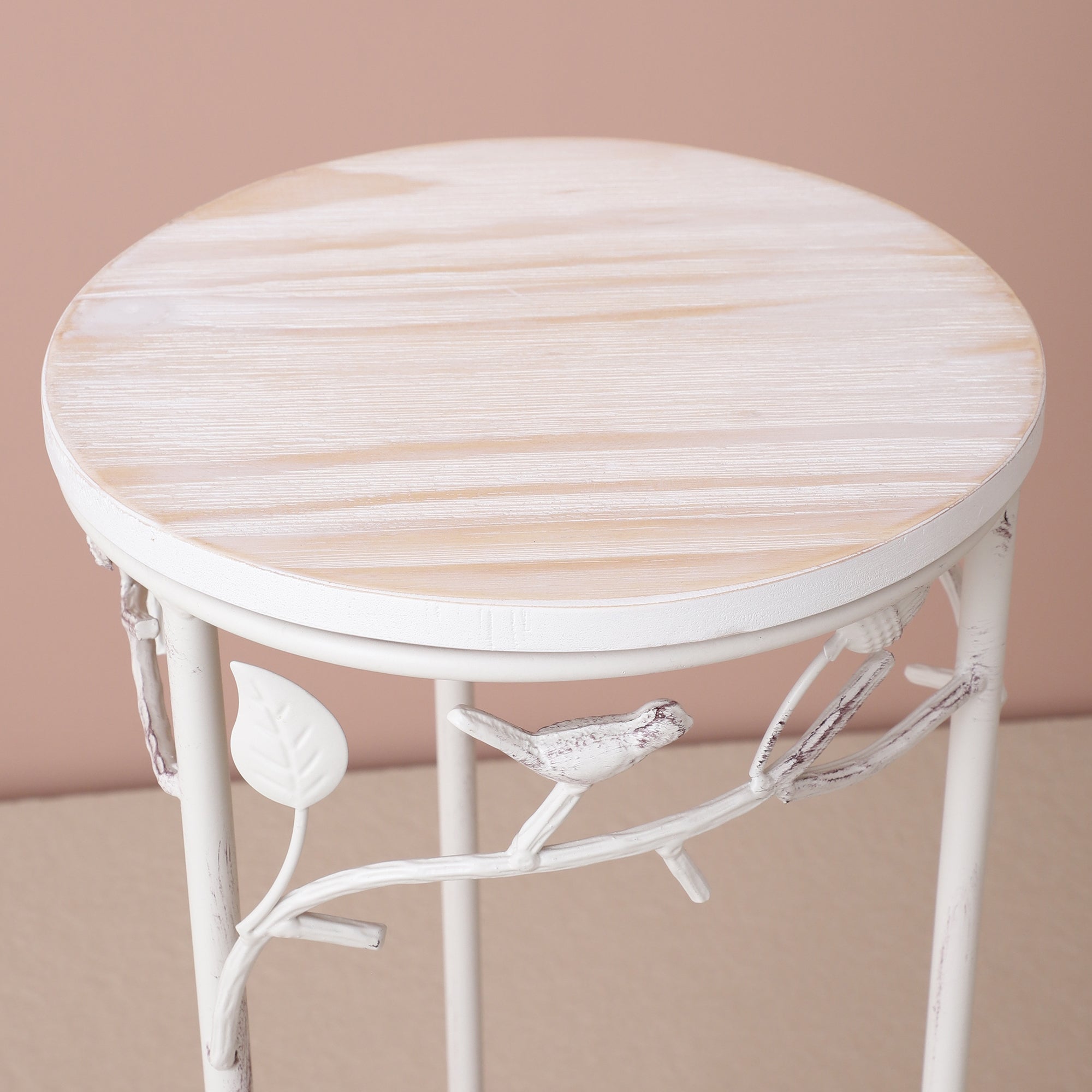 Round Bird Pattern Wood & Metal Tables (Set of 2)