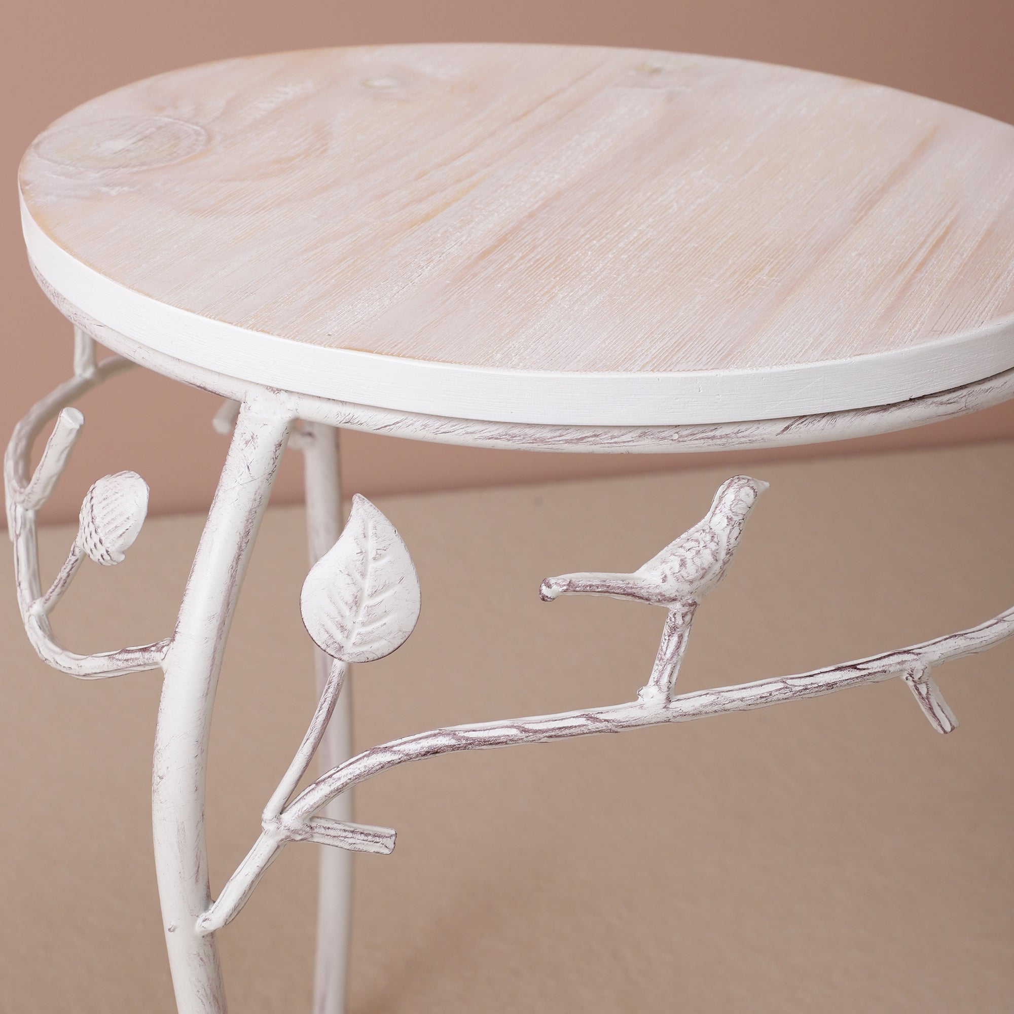 Round Bird Pattern Wood & Metal Short Tables (Set of 2)