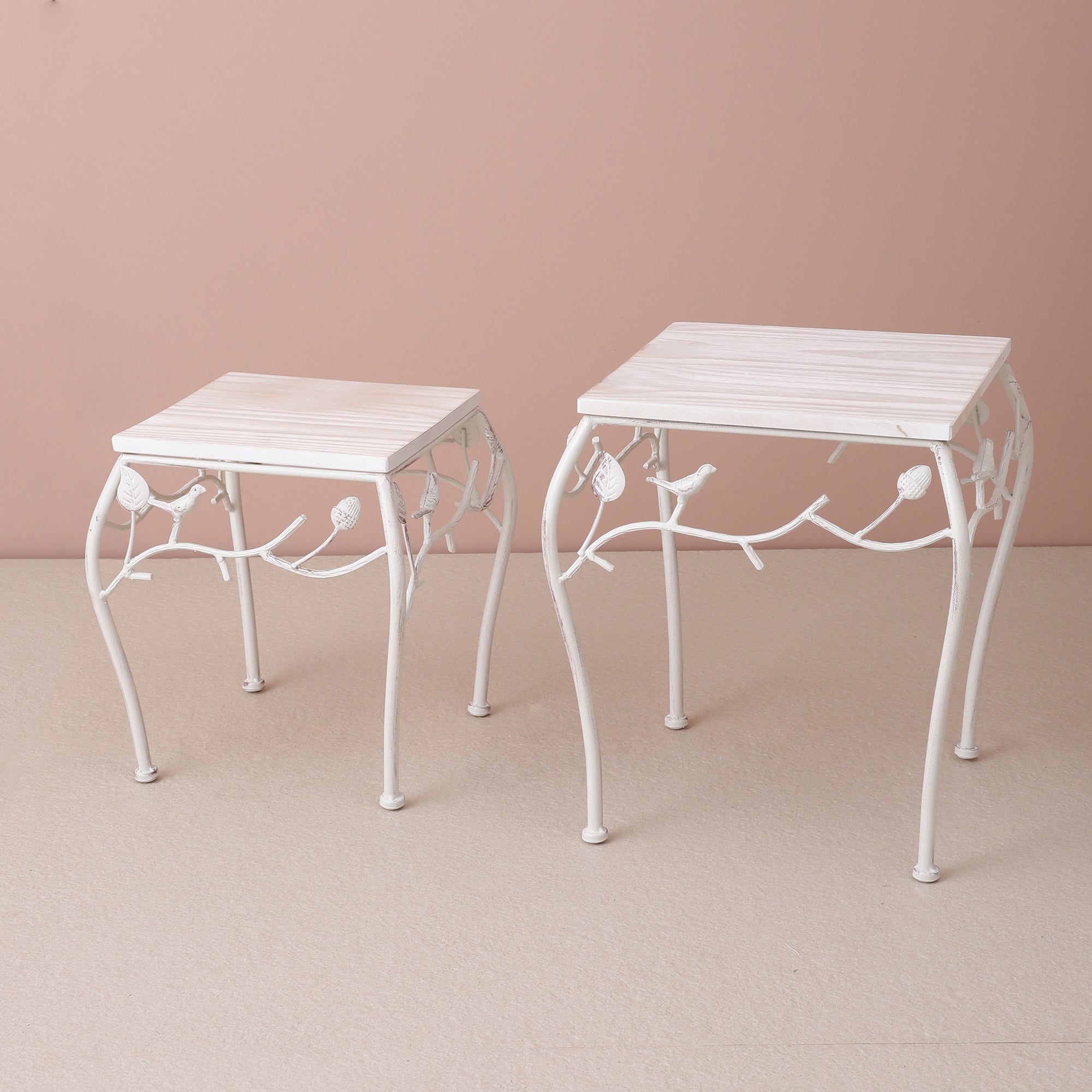 Square Bird Pattern Wood & Metal Short Tables (Set of 2)