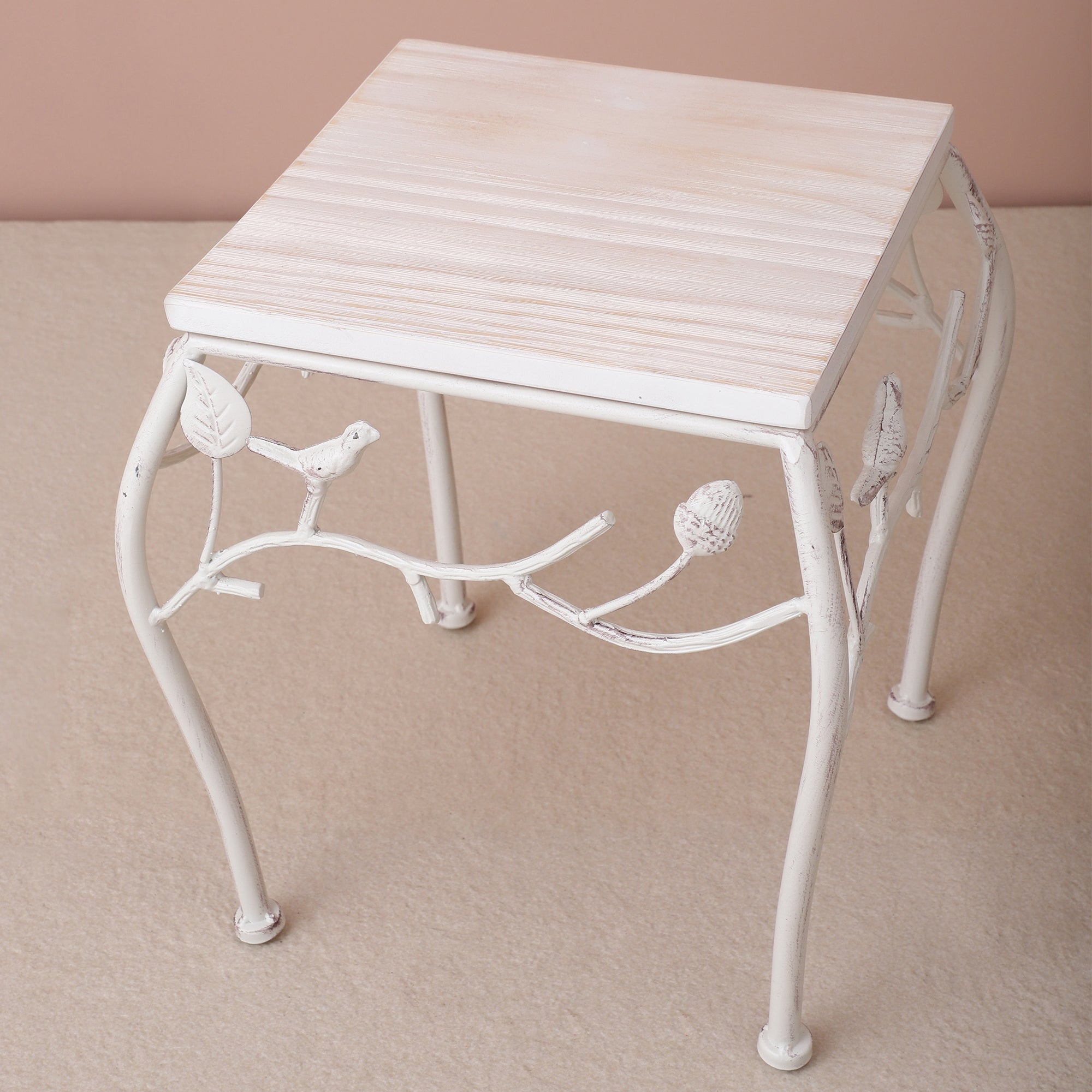 Square Bird Pattern Wood & Metal Short Tables (Set of 2)