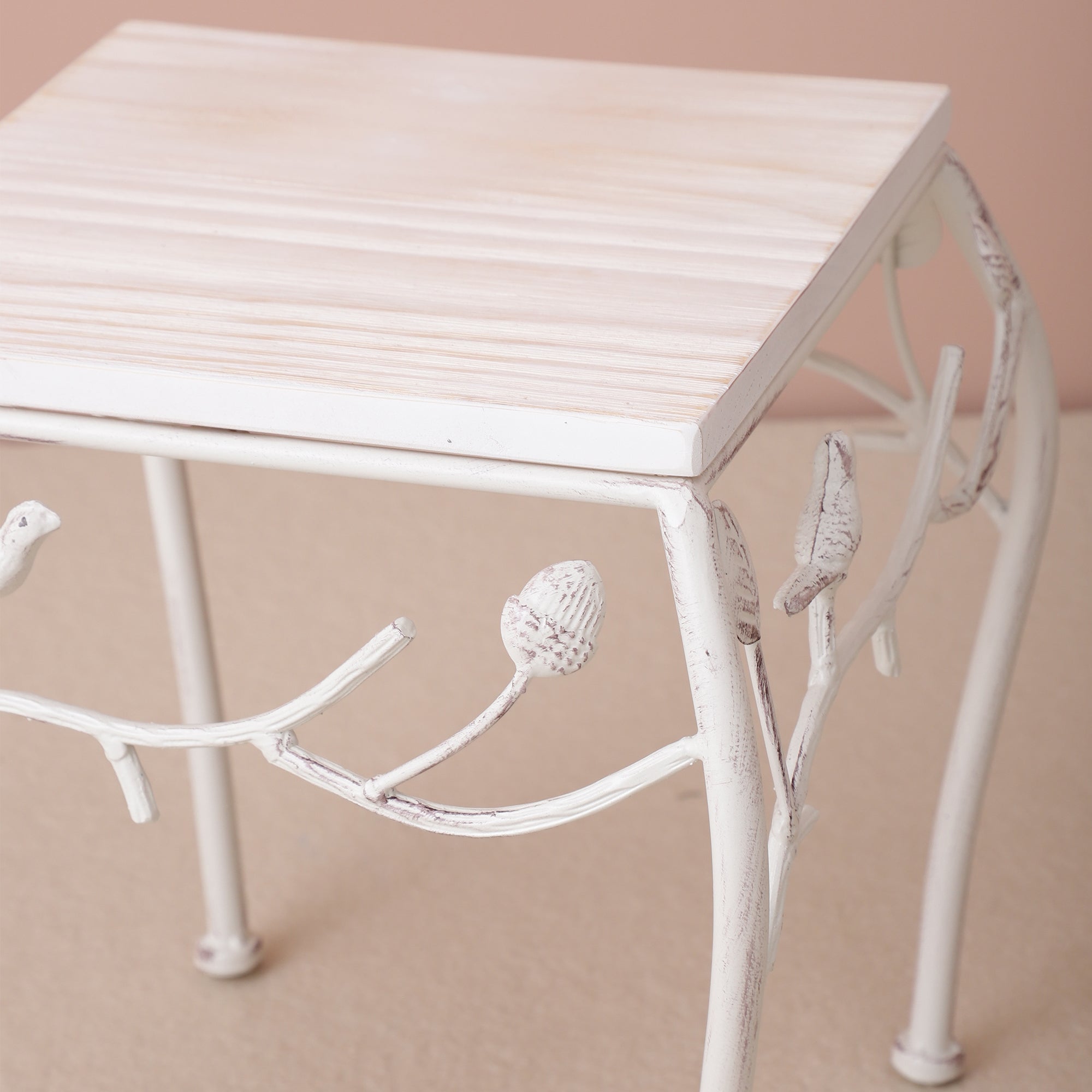 Square Bird Pattern Wood & Metal Short Tables (Set of 2)