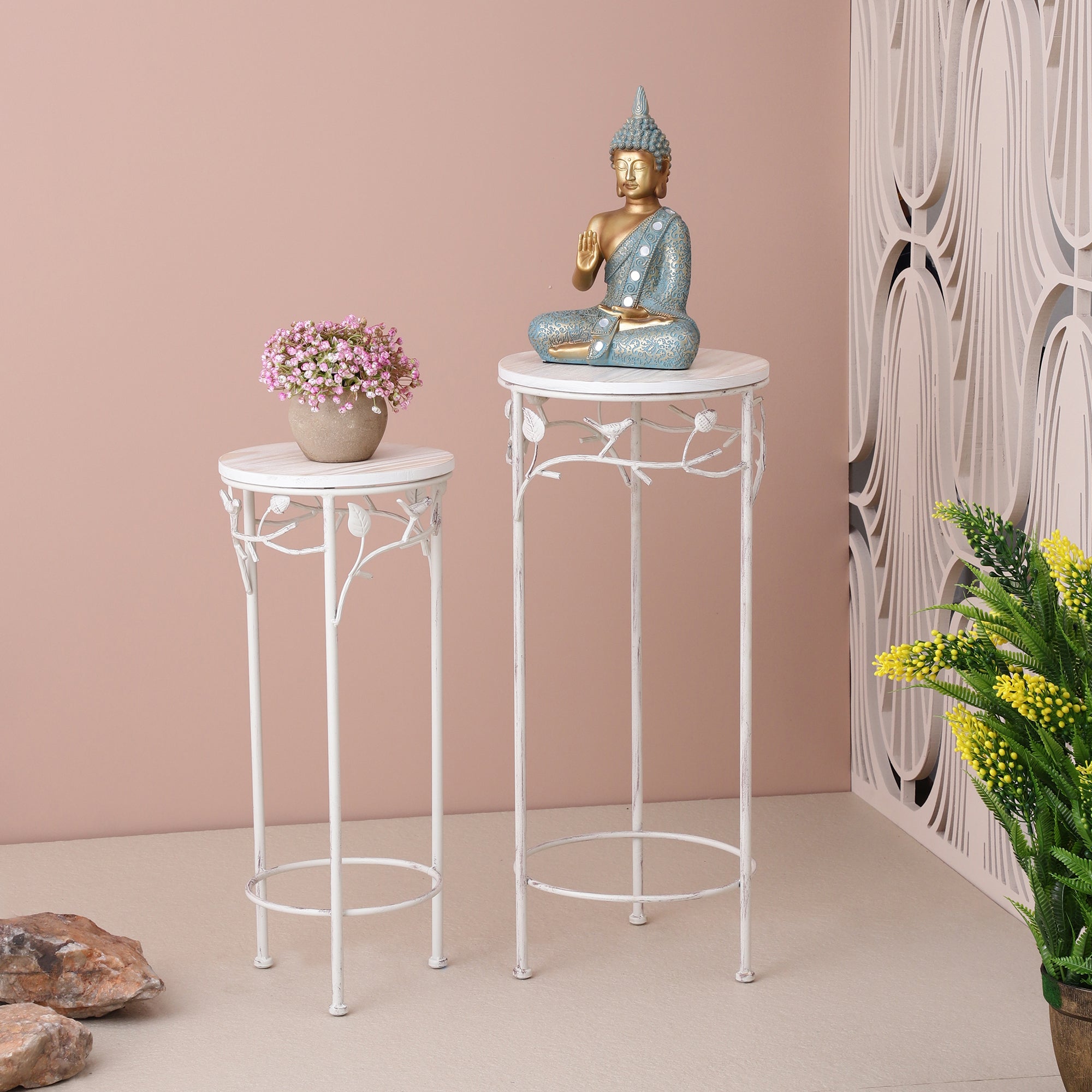 Round Bird Pattern Wood & Metal Tables (Set of 2)