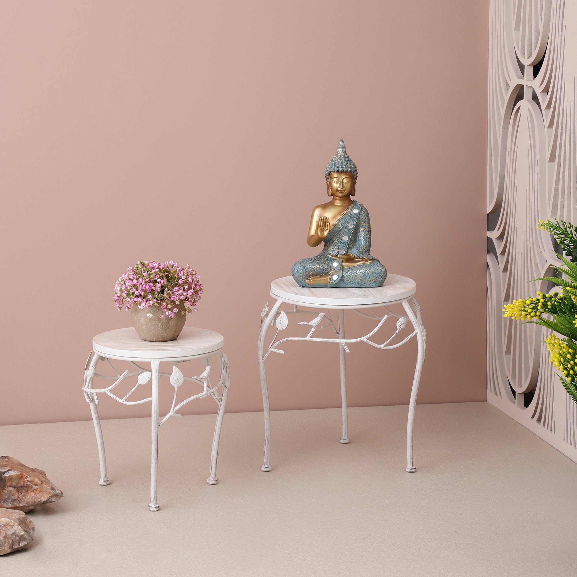 Round Bird Pattern Wood & Metal Short Tables (Set of 2)