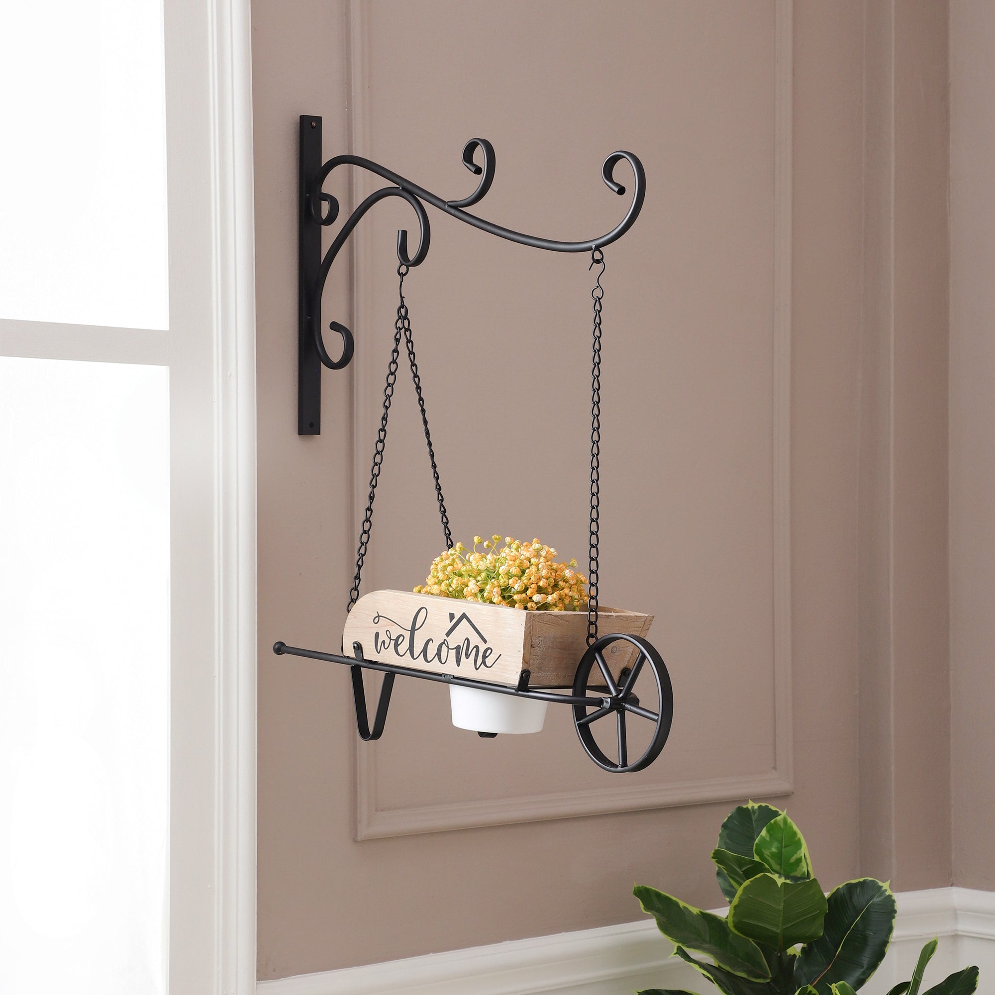 Wall Hanging Wheel Barrow Planter (Brown)