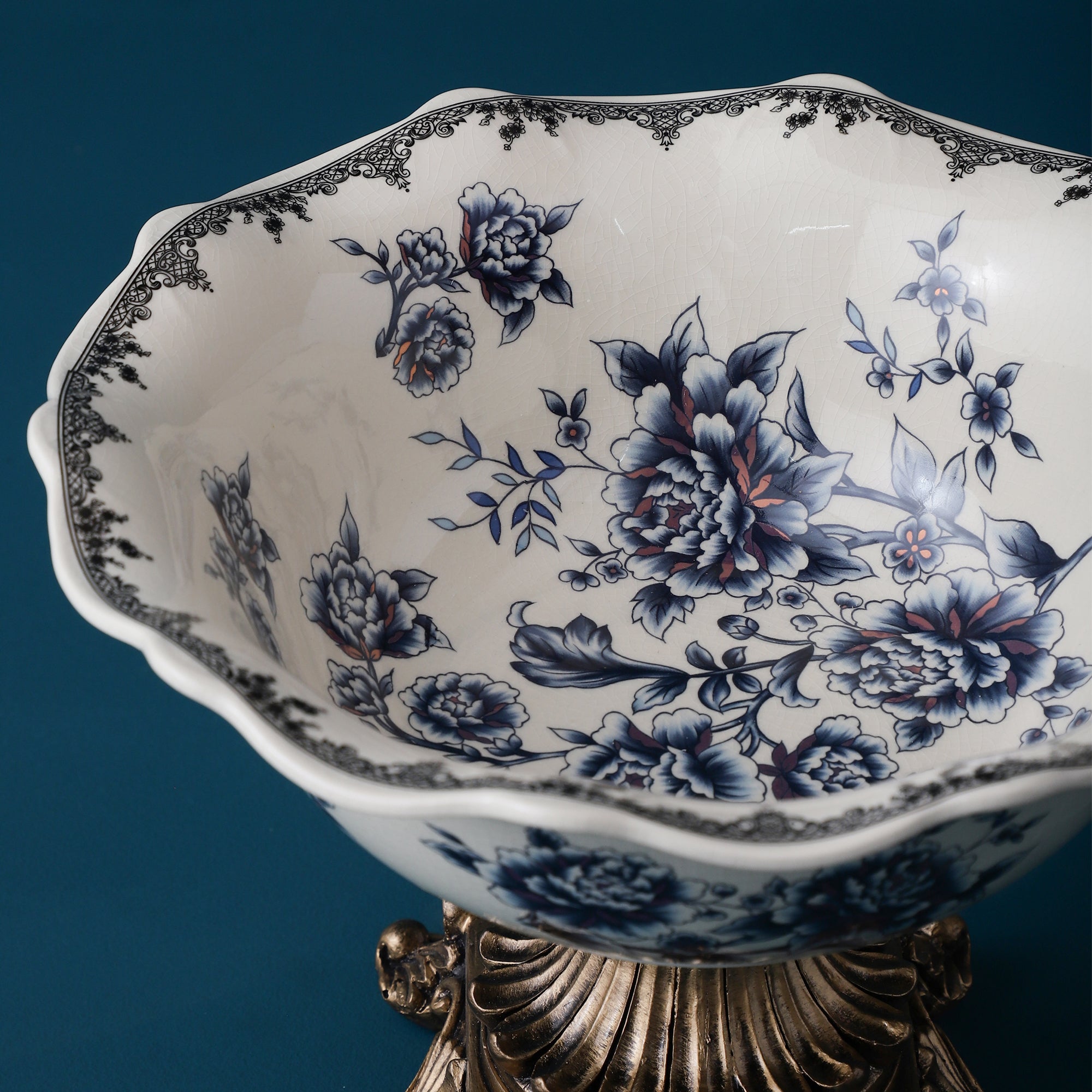 Blue Round Ceramic Bowl With Gold Base (Large)