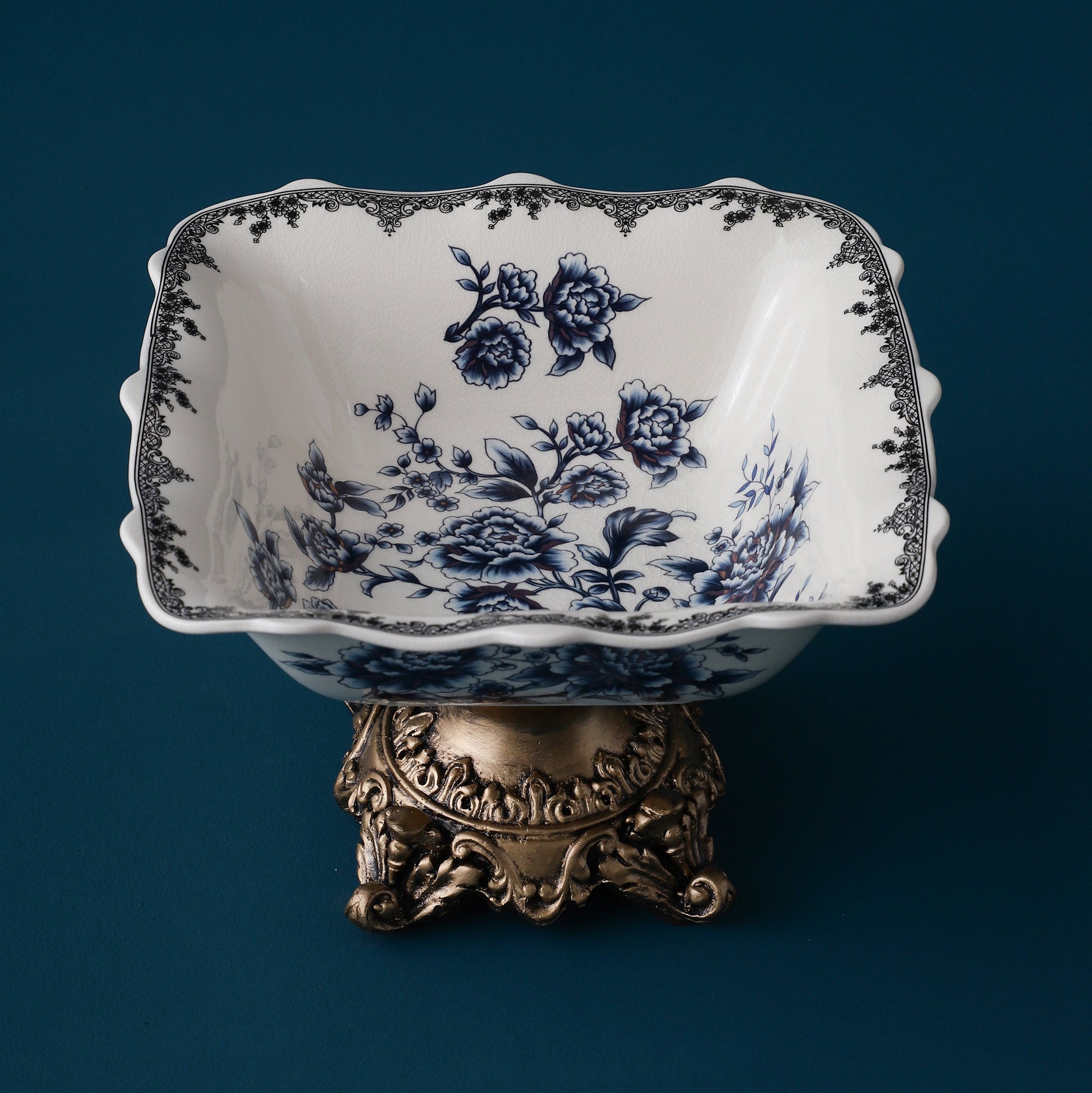 Blue Square Ceramic Bowl With Gold Base